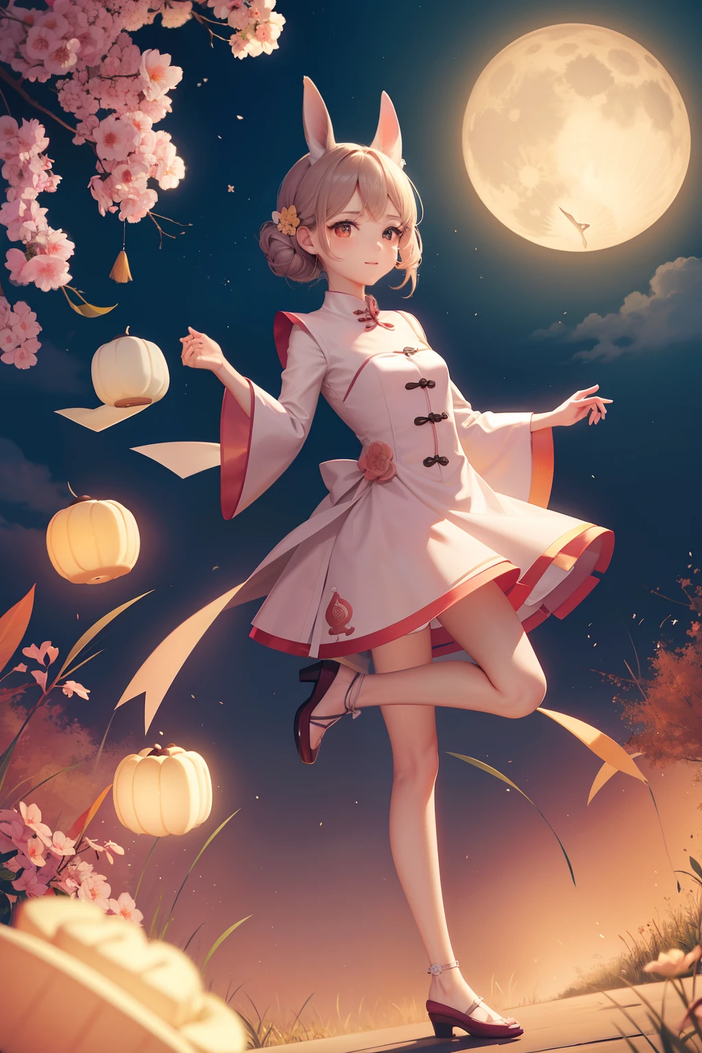 Rabbits eat mooncakes,Mid-Autumn Festival,Walk in the air,Meticulous,animated still,Guibli,Small and beautiful