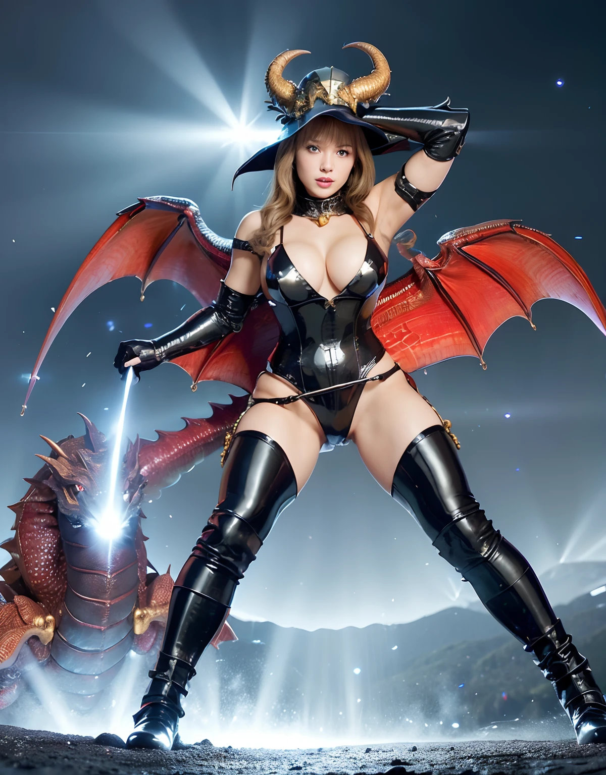 ((World of Darkness)),Professional , ​masterpiece、top-quality、photos realistic , depth of fields 、(((Fight dragons))),（Dragon Black Metal Body:1.9),(latexwhite、（cleavage of the breast）,（Fight dragons）、Full Body Angle、(((Particles of light))),（Micro Bikini Armor:1.7),Gorgeous gold weapons ,（Fight dragons）、Seductive look、The face of the dragon is out、（blood splattere、Armpit、（(((With a magic wand))), ） , (((Wearing a silver latex wizard hat))),（demonic wings）   ,（（a blond））、（Castle background）、（（Gangle's forest background））、Beautiful Caucasian beauty、１a person、Armpit、dynamic ungle,(((Detailed Dragon Wizard Hat)))、Smaller head、A smile、Castle background、Thin and beautiful female hands、cleavage of the breast、Soldier in iron armor on background、Mystical expression、Light Effects、intense fighting、Wind-effect、magic circles、With the legendary magic wand、Dragon's tail、explosions、Toostock、Toostock、(Beautuful Women),