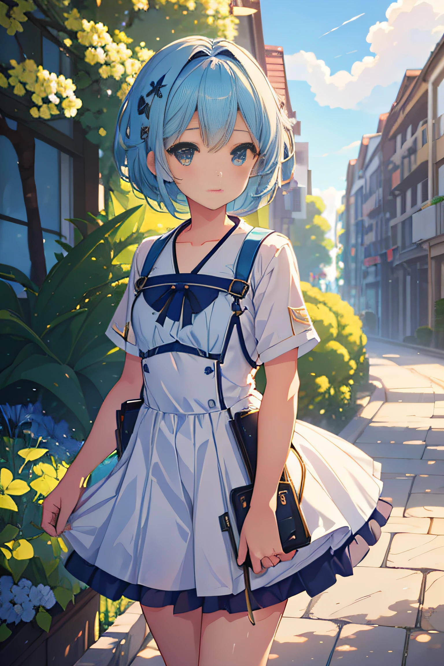White combat suit with blue pattern, a cute girl, pixie cut hair, small breasts, flat chest, outdoors, blue sky, Canon, masterpiece, high quality, high details, textured skin