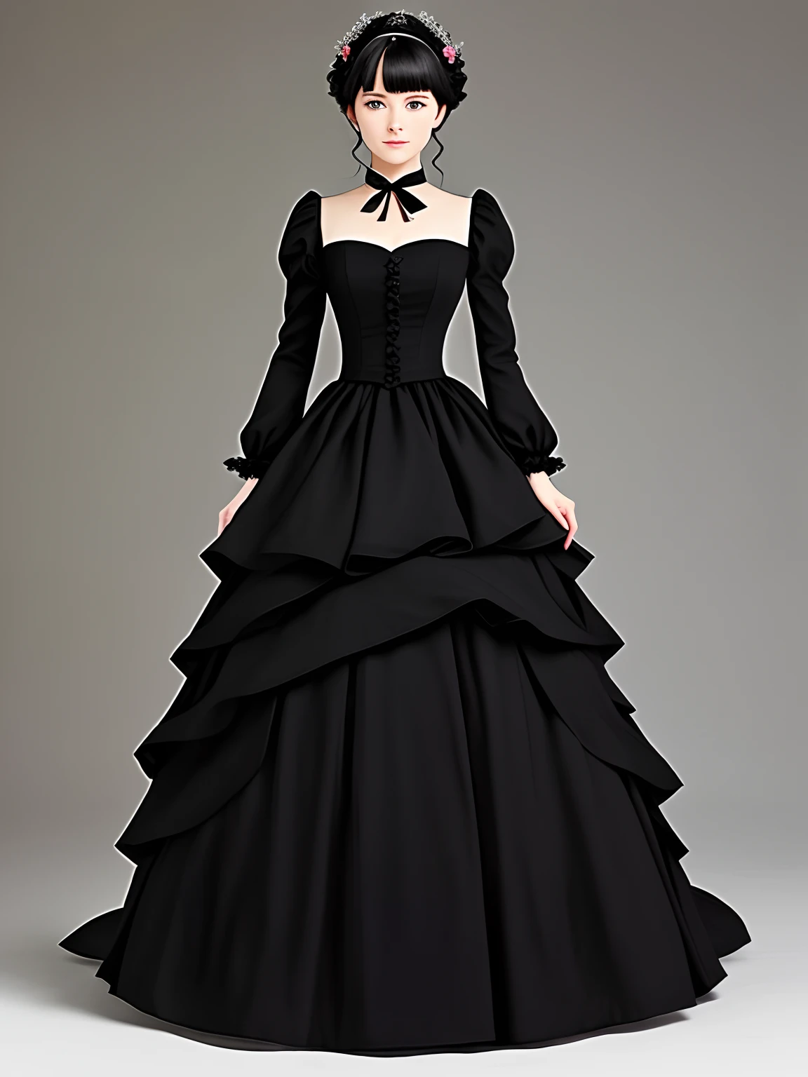 The woman in the black dress has a delicate face，The waist is slender，A black ribbon narrowed the waist。

It looks like a royal sister who is about thirty years old，Actual age is not visible

And this woman anime that makes people unable to see their age