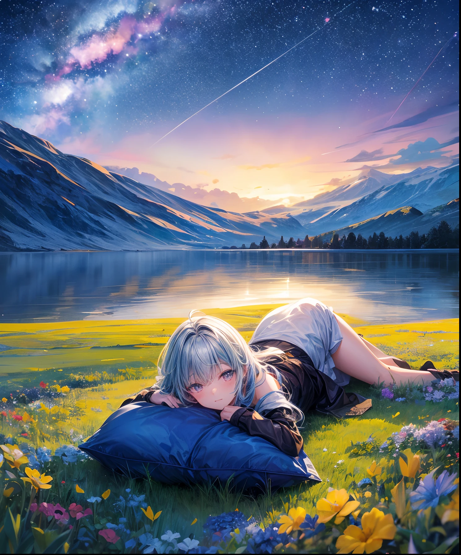 Describe a scene where a cute girl character is lying on a grassy hill, Looking up at the starry sky. Surround her with colorful nebulae and her favorite constellations.