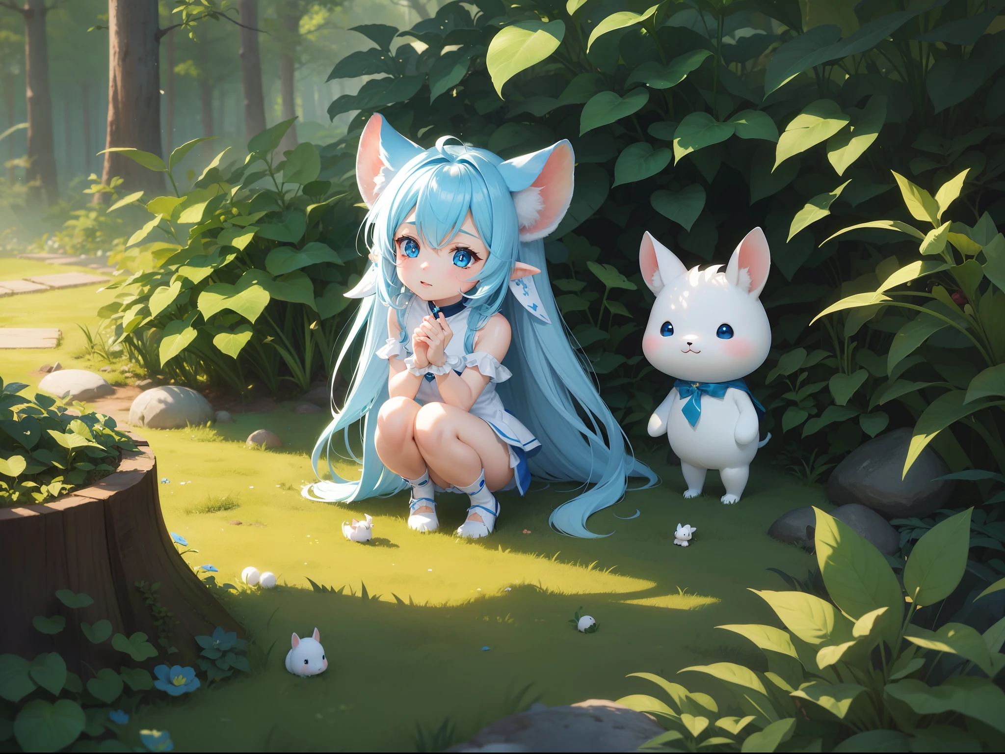 In the forest、There is a small white rabbit with long ears, White long ears、I'm with a pretty girl with long blue hair。It is a cute costume in white and blue。Dark eyes。cute forest creature, Cute mushrooms also grow、Adorable Digital Painting, cute detailed digital art, the squirrel king, Cute digital art, cute cartoon characters, cute character, CuteCreatures, Cutie, official illustrations, Official art, squirrel, maplestory mouse, astri lohne, cute 3d render、Take a hot spring with your forest friends