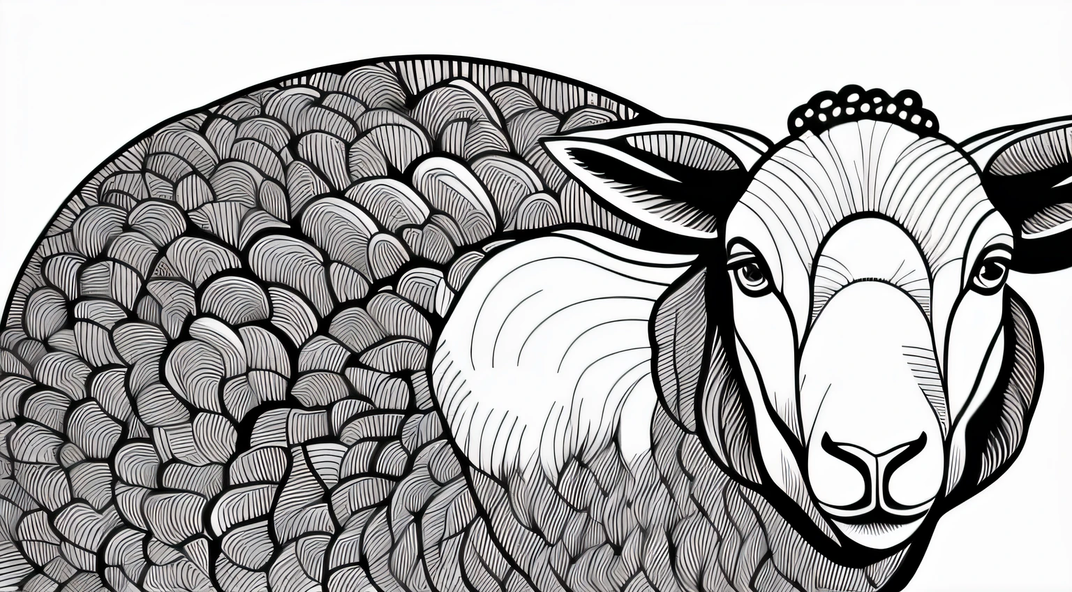Illustration style,A sheep's head,Black and white line drawing