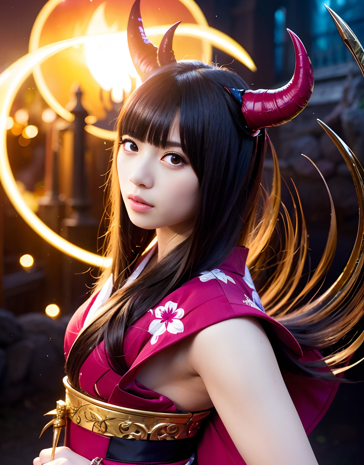 ((World of Darkness)),Professional , masterpiece、top-quality、photos realistic , depth of fields 、(sexypose)、(Background of cherry blossoms in full bloom),(Ultimate Beauty)、A dark-haired、(Fight ninjas)、(Kimono with beautiful pattern)、(Night background)、((a dark night)),(Wear a beautiful kimono),(Wear a beautiful kimono with colorful floral patterns)、Jewel Gold Weapon、Particles of light),(Has a devil's mask)、Gorgeous gold weapons ,(( Gorgeous Dragon Sword)) , (a dark night),,(maikurobikini) 、((Black Haired Beautiful Girl))、(Castle background)、(demonic wings)、((Gangle's forest background))、Beautiful Caucasian beauty、1a person、dynamic ungle,(((Two devil's horns on the head)))、Smaller head、Idle Smile、Thin and beautiful female hands、Mystical expression、Light Effects、intense fighting、Wind-effect、magic circles、With the legendary magic wand、Dragon's tail、Anatomically correct body、