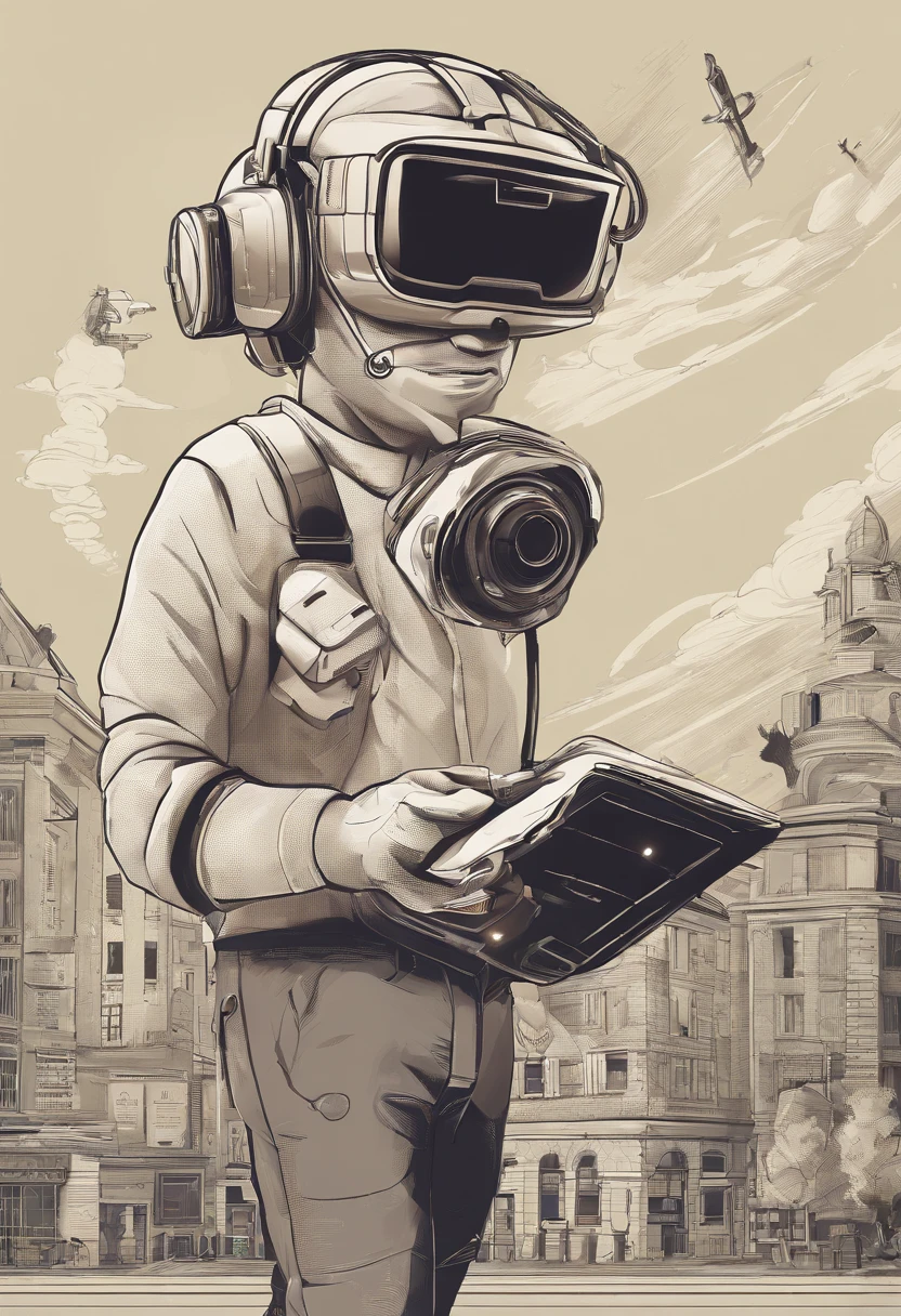 A student with a VR in his hand with a camera flying over his head with a tool for drawing next to him