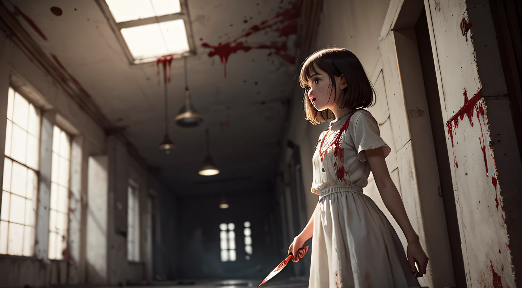 A girl stood in the old building,The girl holds a knife in her hand,There was blood on the white dress,Sick,laughingly