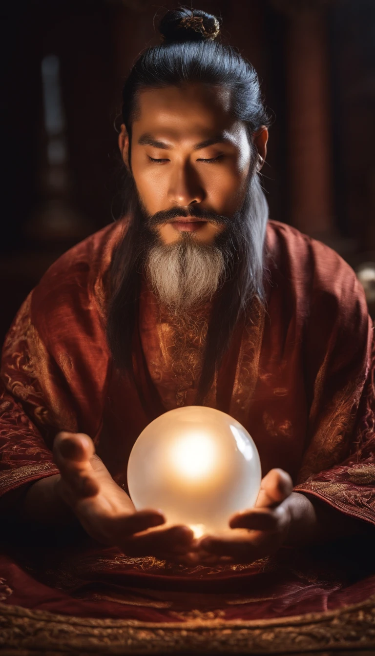 30-year-old middle-aged Asian man，long whitr hair，Coiled hair，Long beard，Close-up of holding a glowing small crystal ball in his hand，staring right into camera，Meditate cross-legged, at centre，Clear facial features，Very bright colors, Light particles, with light glowing, wallpaper art, UHD wallpaper