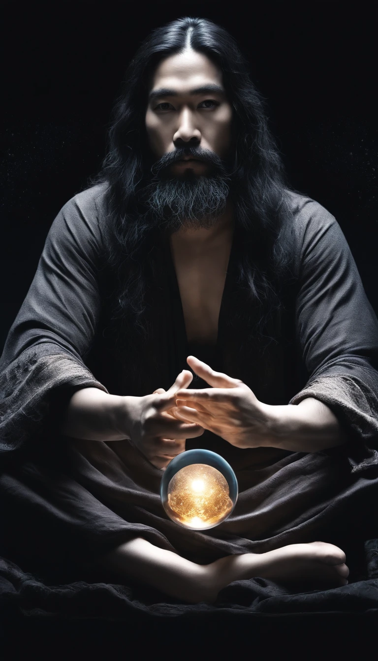 30-year-old middle-aged Asian man,long whitr hair,Coiled hair,Long beard,Close-up of holding a glowing small crystal ball in his hand,staring right into camera,Meditate cross-legged, at centre,Clear facial features,Very bright colors, Light particles, with light glowing, wallpaper art, UHD wallpaper
