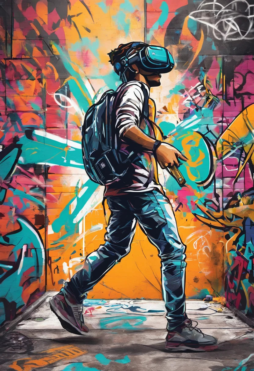 A student with a VR in his hand with a camera flying over his head with a tool for drawing next to him