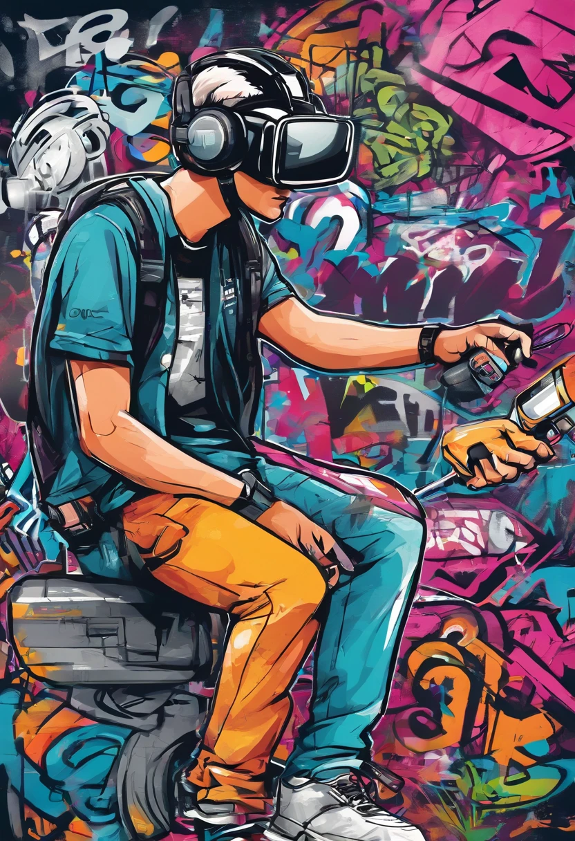 A student with a VR in his hand with a camera flying over his head with a tool for drawing next to him