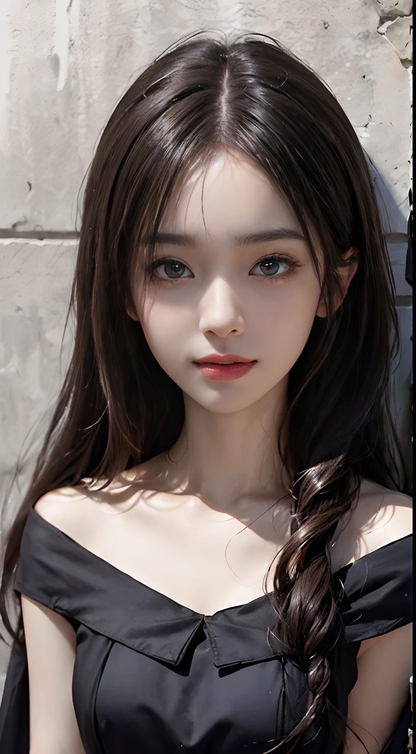 (ultra-realistic realism)、(illustratio)、(A high resolution)、(8K)、(The is very detailed)、(Best Illustration)、(Beautifully detailed eyes)、(top-quality)、(ultra - detailed)、(tmasterpiece)、(the wallpaper）、（A detailed face）、独奏、1 girl in、looking at viewert、finedetail、A detailed face、in the darkness nigth、deep shading、low tune、pureerosfaceace_V1、A smile、Long、Black shawl straight hair、46-point diagonal bangs,　（silk dress、long  skirt）(cropped shoulders）The view of the castle、、Stand against the wall