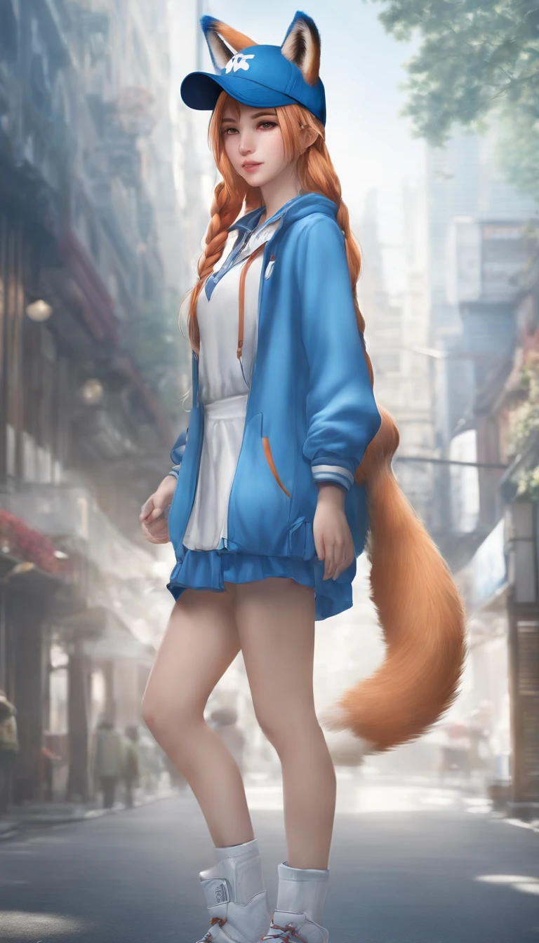 1girl ultra REALISTIC teenage, (animal ears), straight-on, full body, looking at viewer, hair between eyes, hair ornament, multicolored hair, twin braids, fox tail, (multiple tails:1.3), badge, bangs, (blue baseball cap:1.2), clothes writing, white clothes, hood, hood down, standing, long sleeves, closed mouth, (blue skirt:1.05), solo, (light blush:0.9), bare tree, building, city, cityscape, day, outdoors, street, tokyo (city), tree