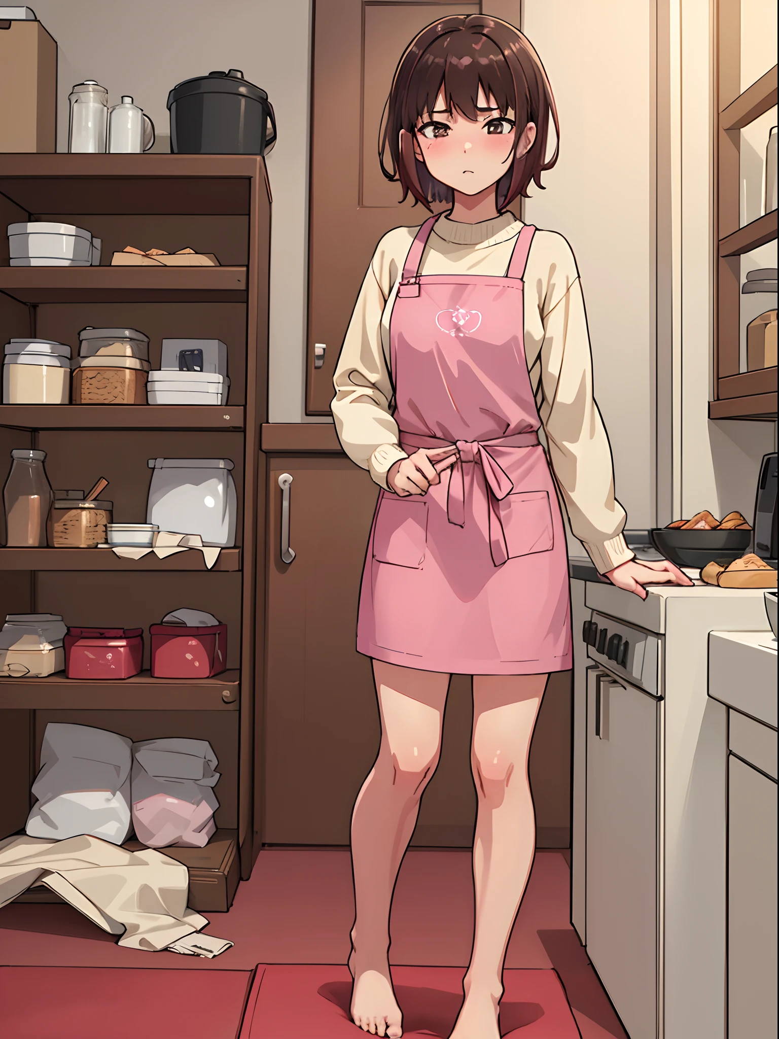 hiquality, tmasterpiece (One adult girl). holding a kitchen knife in his hand. looking aside. short brown hair. blushful. Facial anxiety. brown eye. The clothes: beige sweater. pink apron. bare feet. In the background is a room, kitchen. red carpet. table with food. Chairs