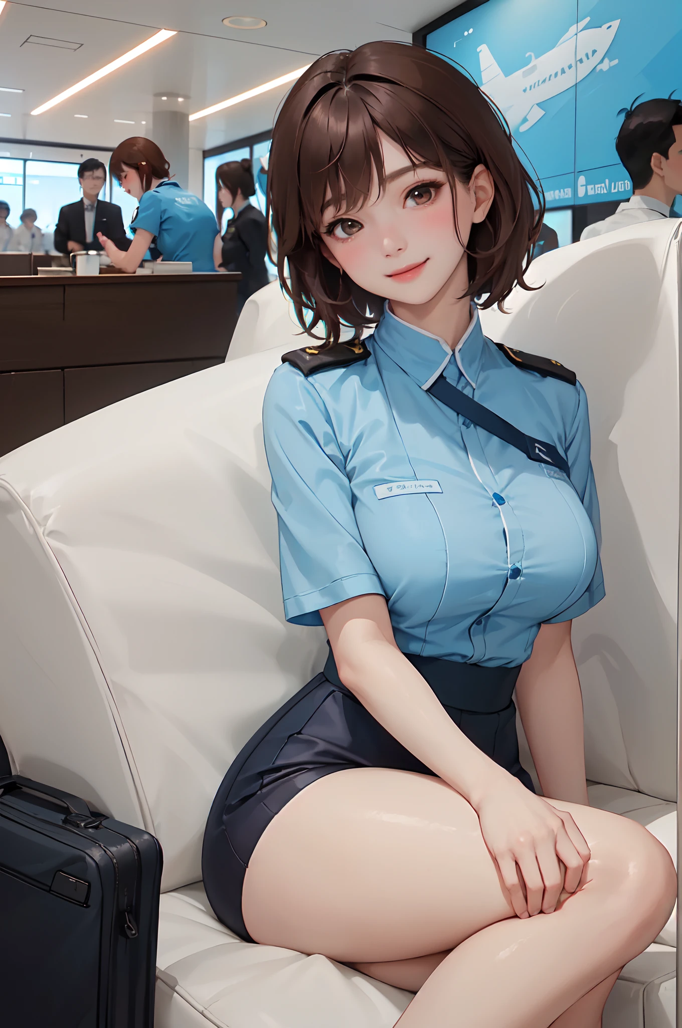 1lady solo, mature female, /(blue_short sleeve_koreanair_uniform/), /(brown hair/) bangs, blush kind smile,  (masterpiece best quality:1.2) ultra-detailed, large breasts, /(airport lounge/)