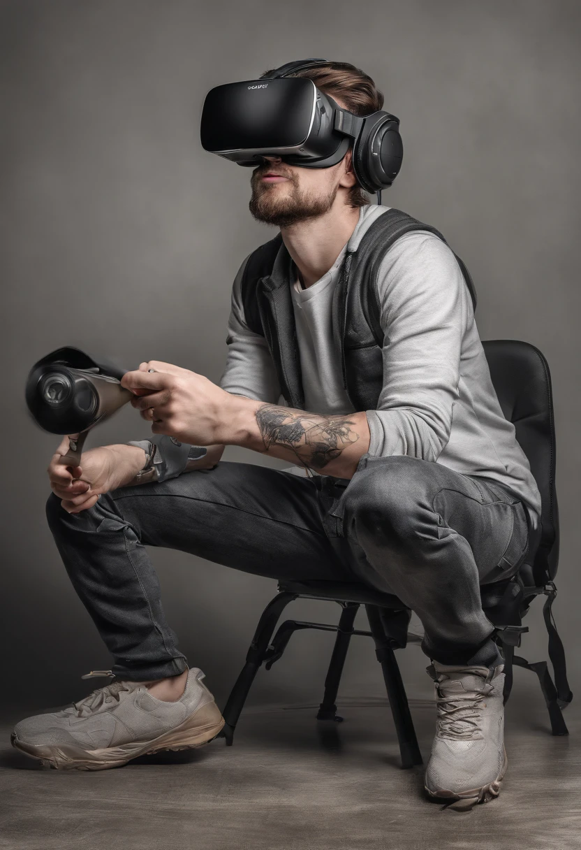 A student with a VR in his hand with a camera flying over his head with a tool for drawing next to him