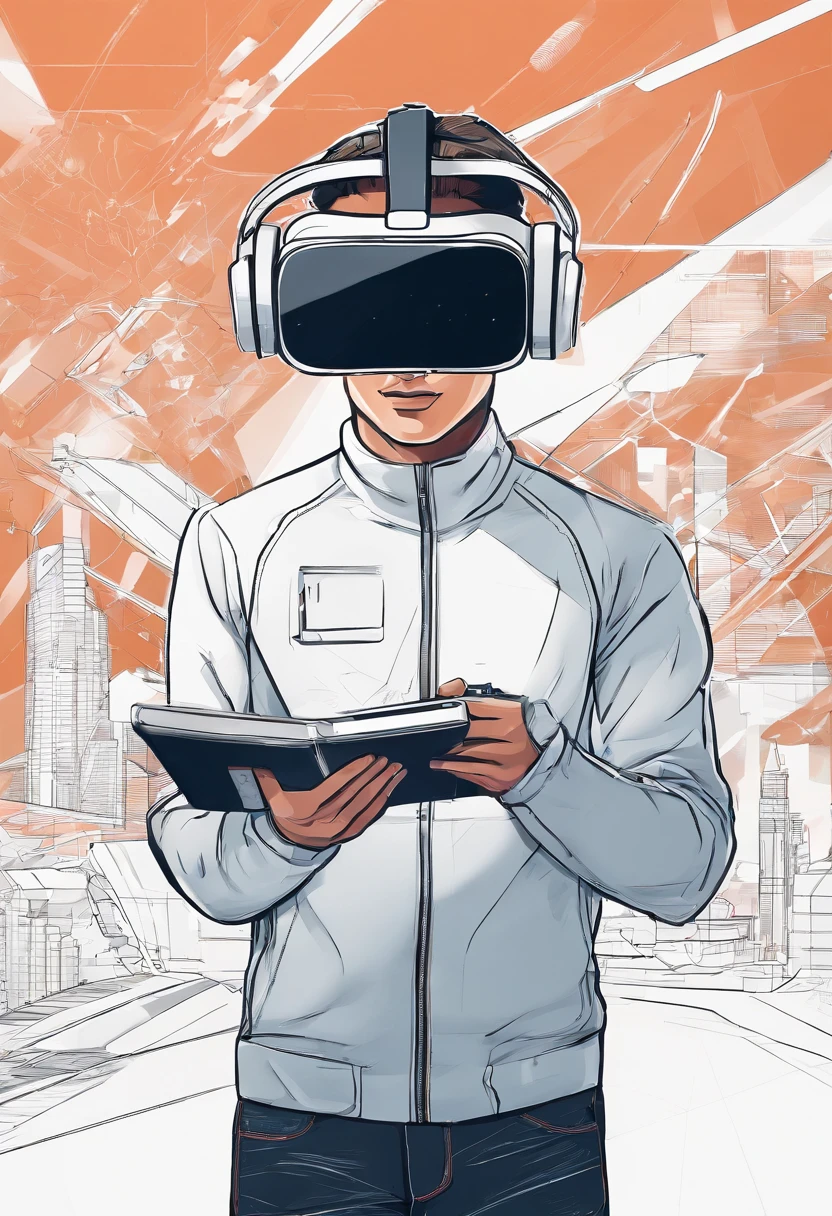 A student with a VR in his hand with a camera flying over his head with a tool for drawing next to him