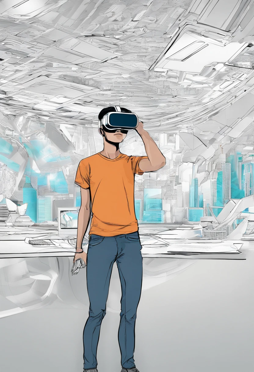 A student with a VR in his hand with a camera flying over his head with a tool for drawing next to him
