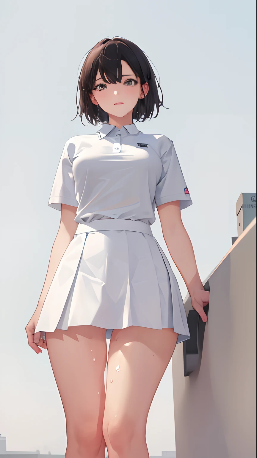1girl, solo, white polo shirt, white sneakers, tennis wear, white miniskirt, masterpiece, best quality, realistic, hyper-detailed, (shiny skin, sweaty:1.4), absurd, looking at viewer, short black hair, brown eyes, slender, dynamic lighting, high resolution, sharp focus, depth of field, detailed eyes, sharp pupils, realistic pupils, (small breasts:1.6), (thick thighs:1.0), outdoor, sky
