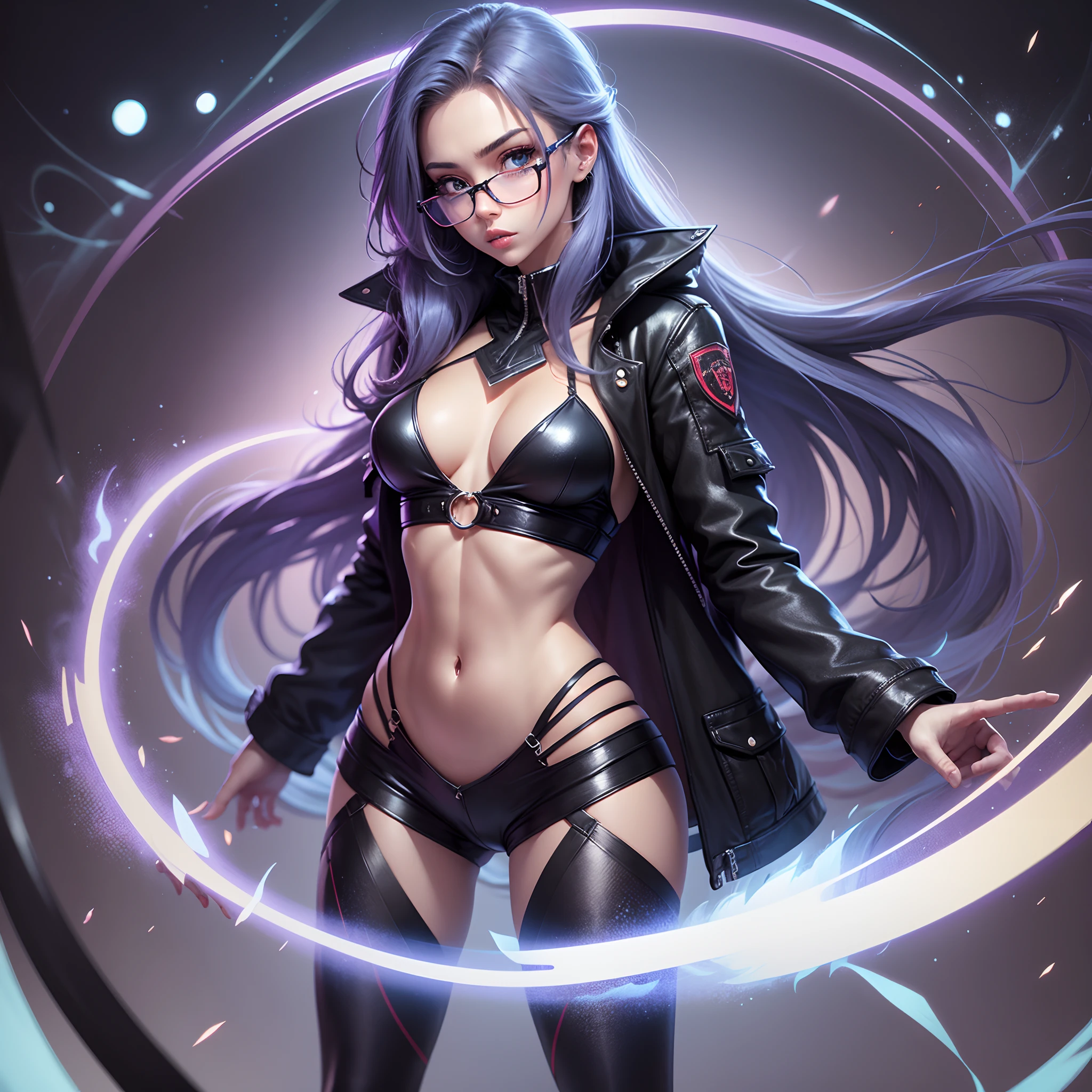 reV animated, sexy female, blue long hair, beautiful eyes, wearing glasses, fair glowing skin, black jacket, full body, sexy pose, no extra body parts --auto --s2