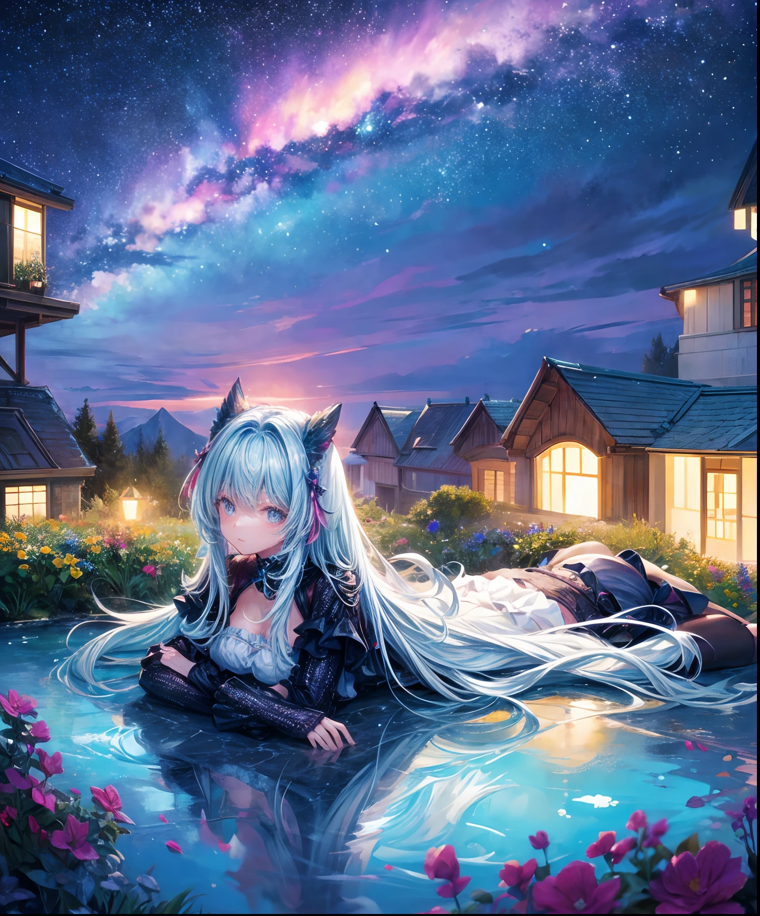 Describe a scene where a cute girl character is lying on a grassy hill, Looking up at the starry sky. Surround her with colorful nebulae and her favorite constellations.