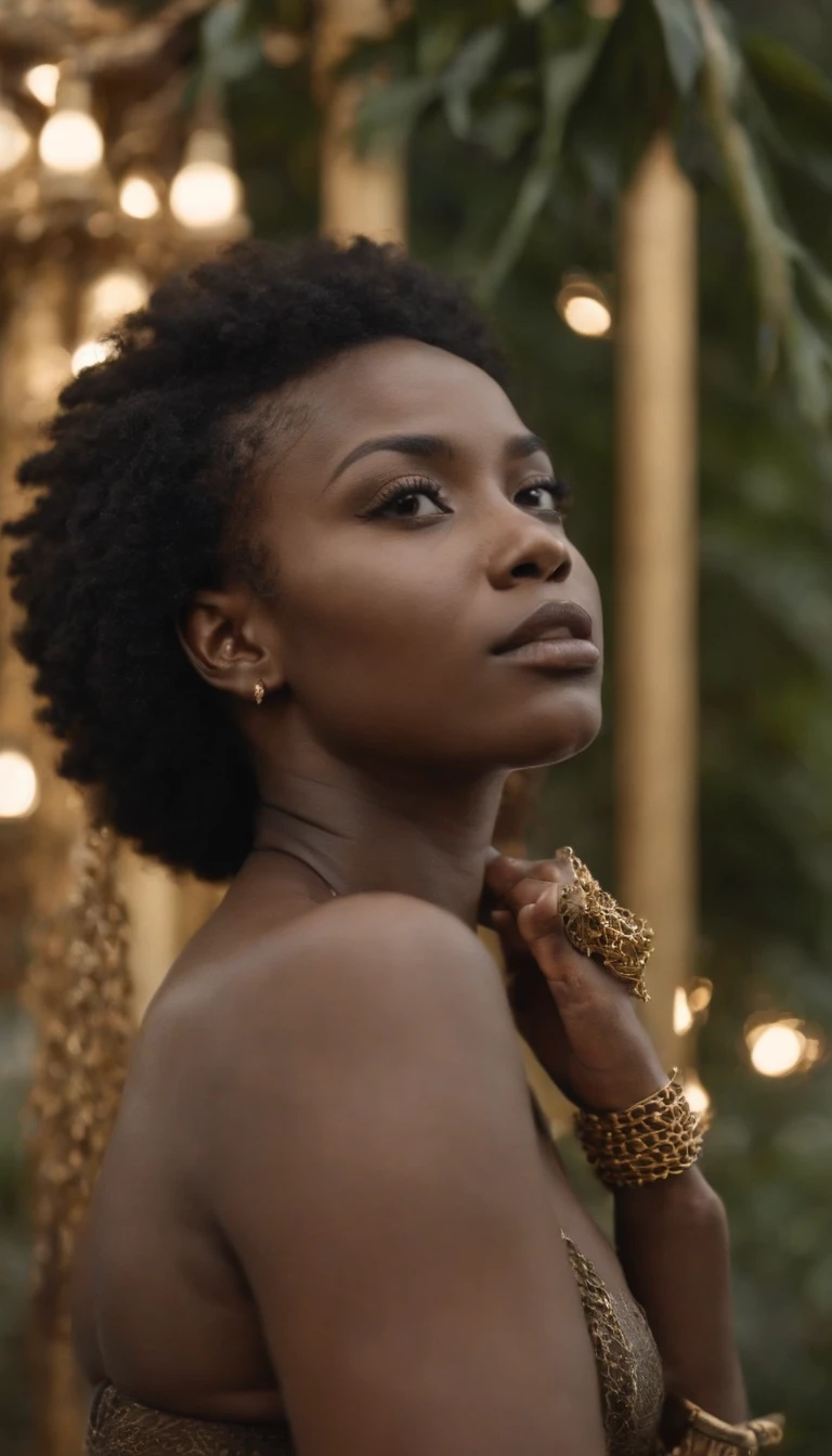 Ghotic mujer afro cortada con grandes pechos desnudos y piercing en las cadenas de oro