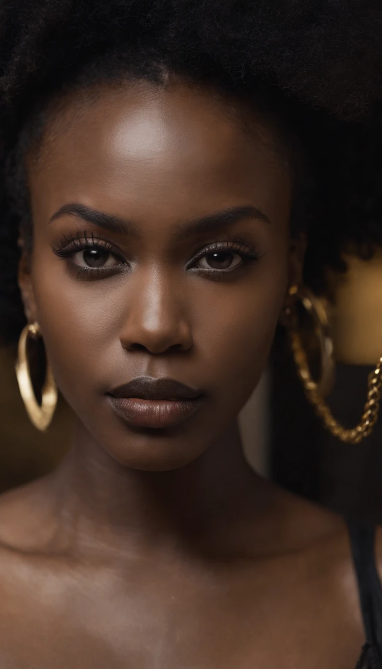 Ghotic mujer afro cortada con grandes pechos desnudos y piercing en las cadenas de oro