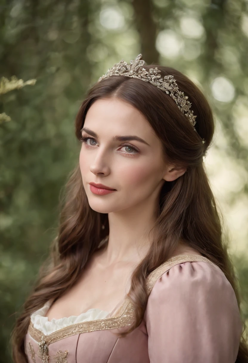 1 beautiful 28 years women,long brown hair,olive green eyes,big nose,pink lips,tudor dress ,lady,servant,midieval