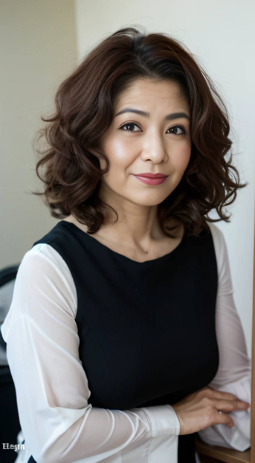 ((Best quality, 8K, Masterpiece, Portrait: 1.3)), (view the viewer), Photorealistic, Sharp focus, Solo, Large full breasts,The Moro Islamic Liberation Front of Japan, Beauty,30 years old,
Curly hair, Wrinkled eyes, Pink shirt,White skirt,Black pantyhose,, office room, Office desk,