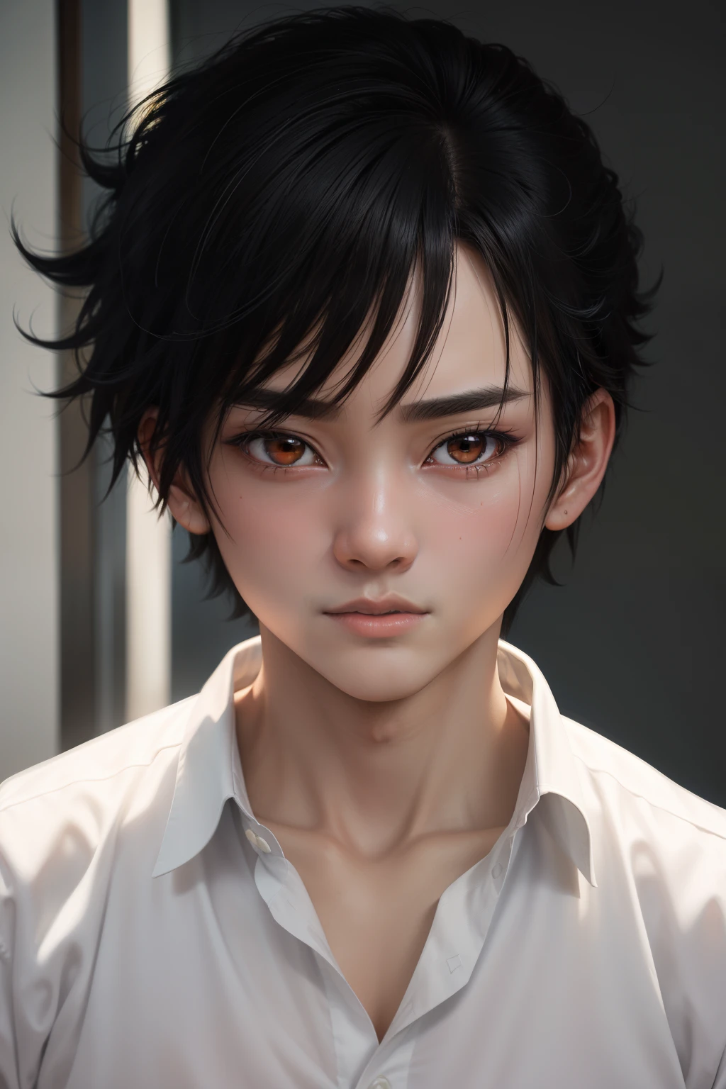 masterpiece, best quality, high quality, 1boy, solo, male focus, looking at viewer, upper body, fushiguro_megumi, black hair, spiked hair, black eyes, school uniform, Realism, realistic ultra detail,7mm