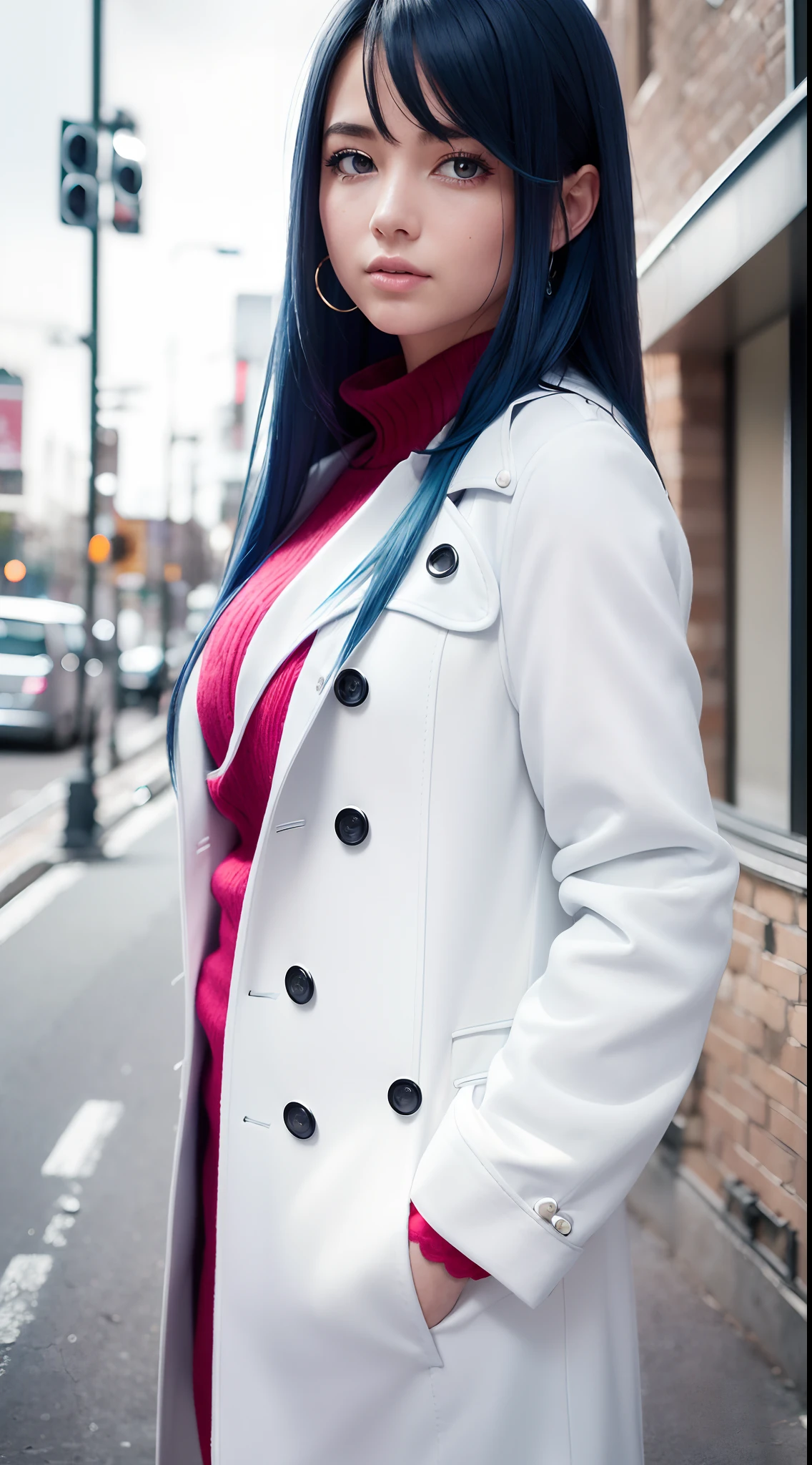 (Best quality,4K,8K,A high resolution,Masterpiece:1.2),Ultra-detailed,(Realistic,Photorealistic,photo-realistic:1.37),Long-range shooting,Blue-haired woman,Hair falls on the left shoulder,Wears a white trench coat lined in red, blackminiskirt,Patterned stockings,High heels,Walking on the street,Portrait,conceptual art,Blurred background,Soft lighting,Vivid tones