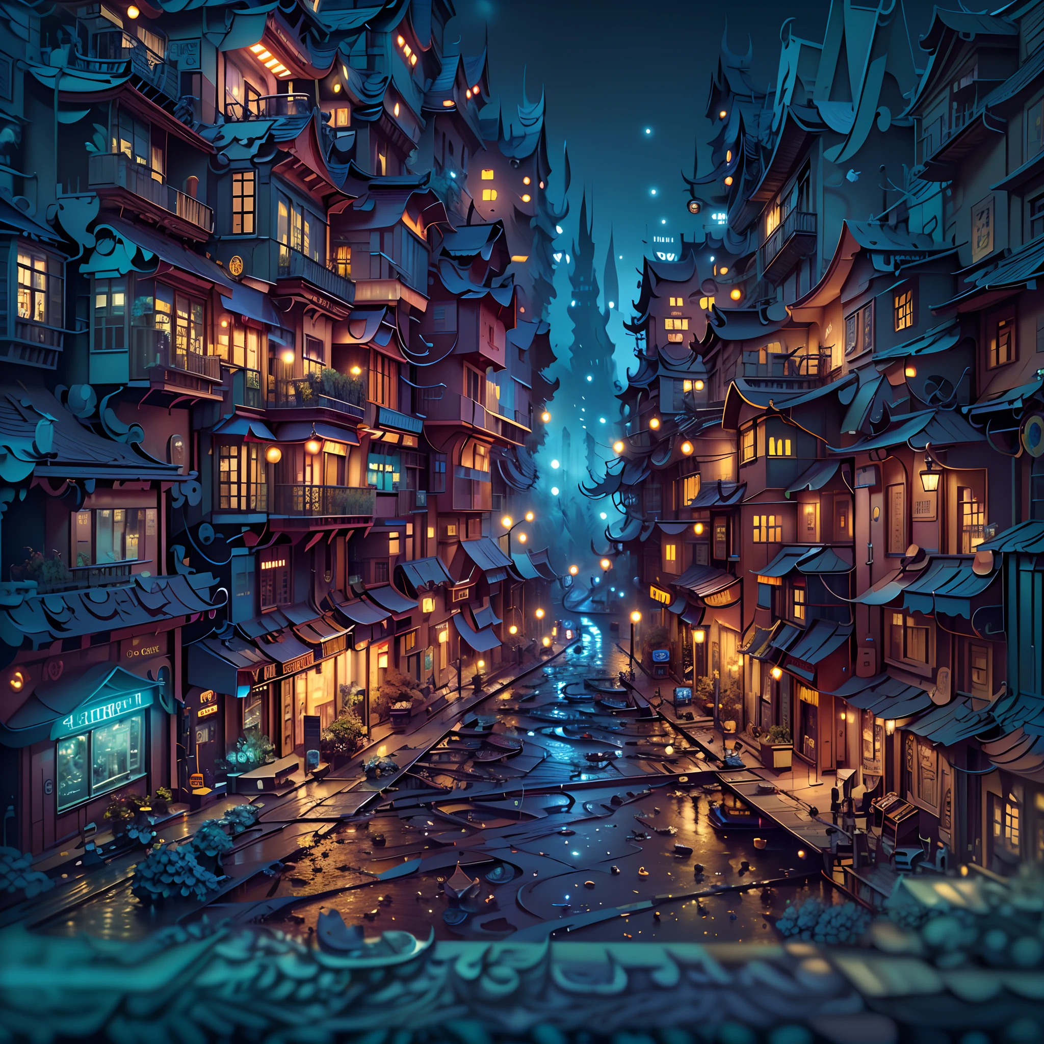 "(Best quality,4K,8K,A high resolution,Masterpiece:1.2),Ultra-detailed,(Realistic,Photorealistic,photo-realistic:1.37),Paper Cuttings style：Cityscape,Twisted streets,Bustling cityscape,during night,Mysterious lighting,Dark shadows,Twisted architecture,Architectural marvel,Winding roads,Crooked alleys,Neon lights,Reflection,Depth of field,Vibrant colors,Futuristic atmosphere,Science fiction concept,urban decay,Fantastical Atmosphere"