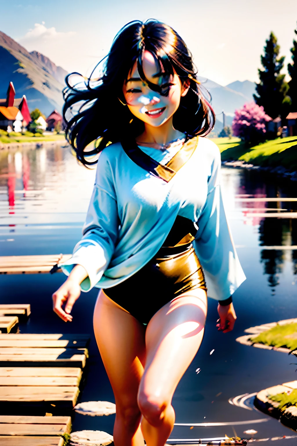/imagine prompt: color photo oentle, kind, beautiful, and virtuous Asian woman with silky black hair, almond-shaped eyes, smooth porcelain skin, and a warm, genuine smile, standing by a serene lakeside in the countryside during spring, with the golden rays of the setting sun casting a beautiful glow upon her face. Beside her, a lively little dog is joyfully running, while in the background, a group of happy children are playing and laughing" —c 10 —ar 2:3