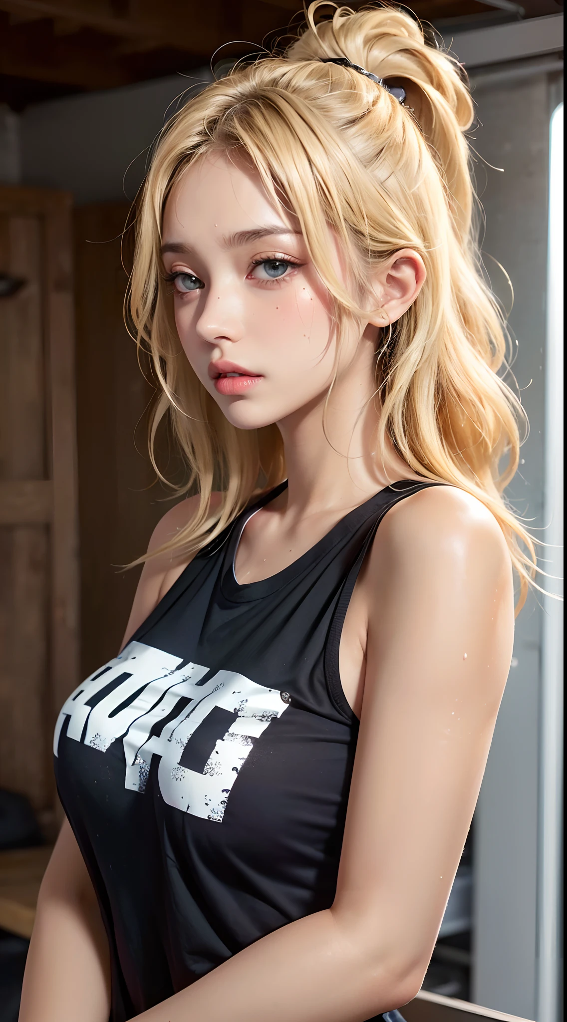 (1girl),large breasts,  breasts, tan, dewy skin, sweaty skin, wavy blonde hair, punk tshirt, punk girl