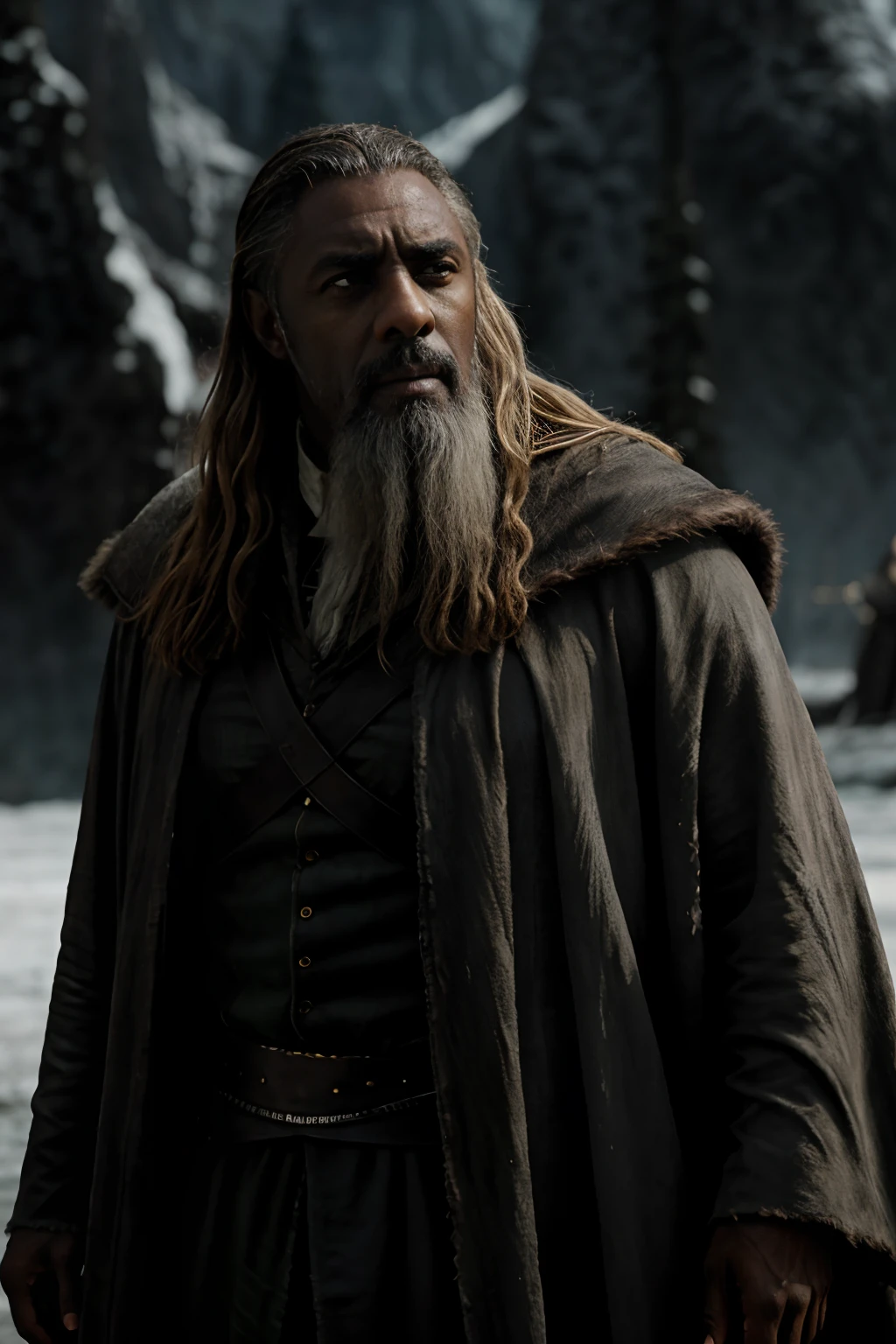 Idris Elba as Saruman the white from The Lord of the Rings, Cinematic lighting, 70mm,