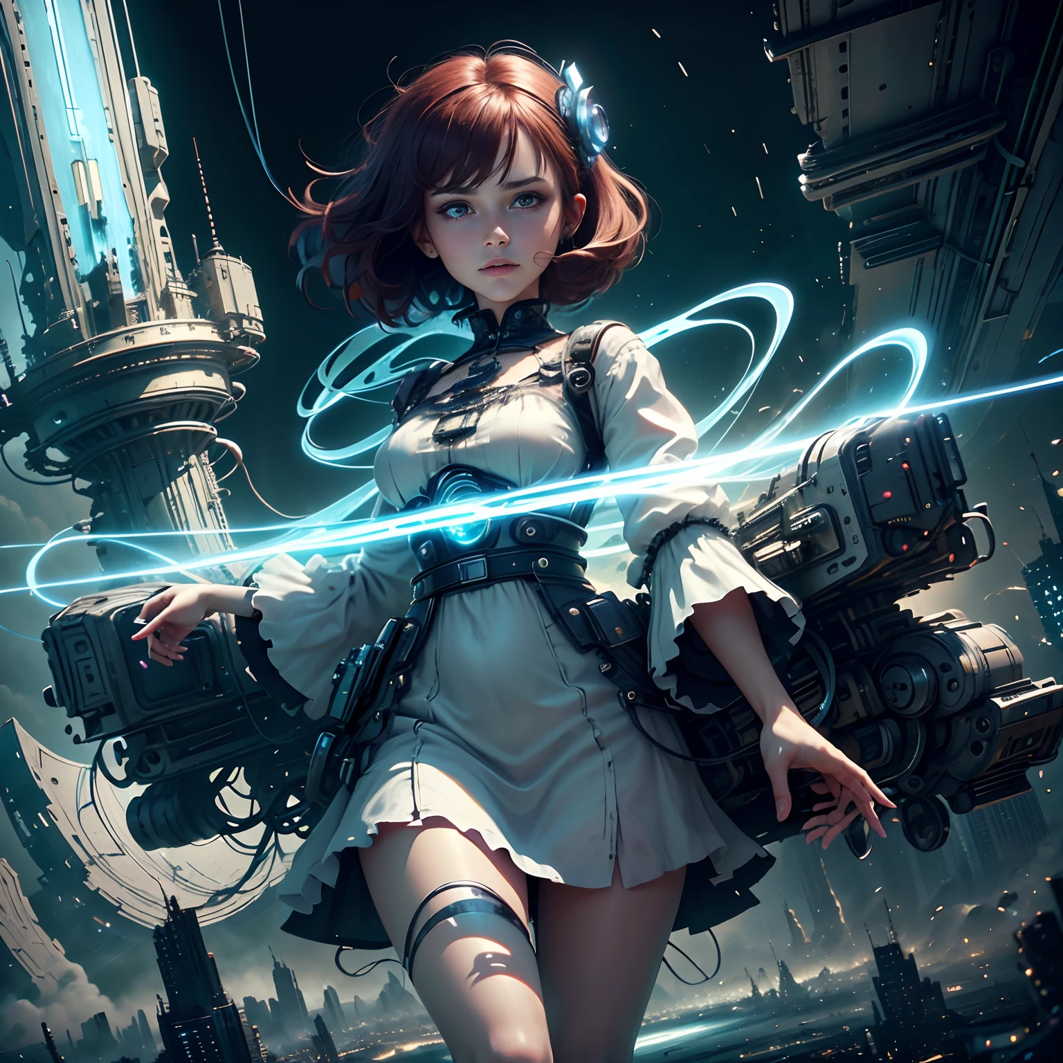 high quality, masterpiece, exquisite, 8k, ultra detailed, Digital art, realistic, photo realistic, look at the front, ultra realistic, a 20 years old girl, peaceful face, big eyes, long eye lashes, wearing a white dress, black shoes,(deep blue eyes),(red hair),(short hair),flat chest, narrow waist, skinny legs, (futuristic city), (destroyed city), (neon glow),floating many debris