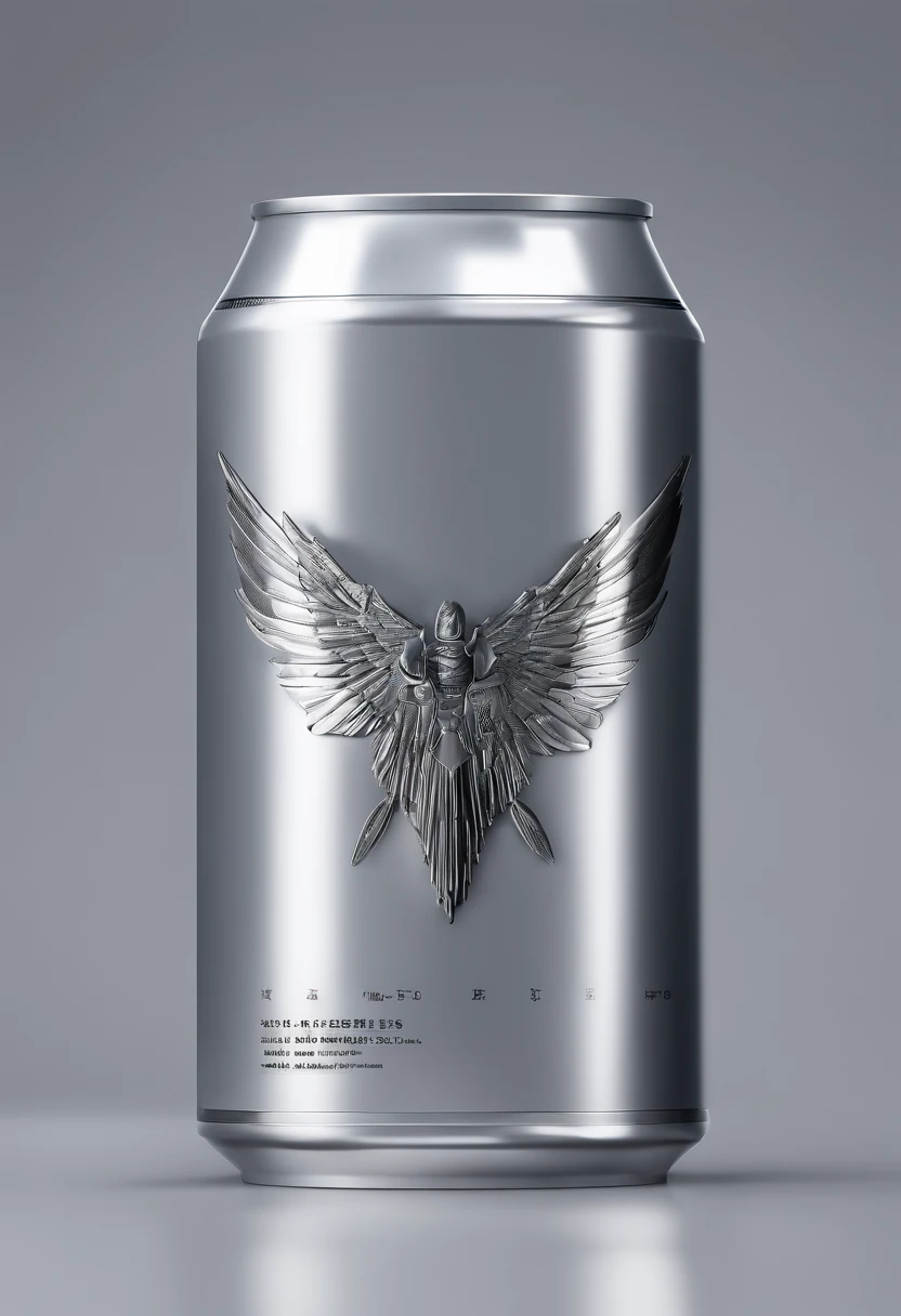 realistic photography, advertising, front view, product, a gray can with metal wings, reflection, cinematic light, cold scenery, high details, sharpness, focus on the product,