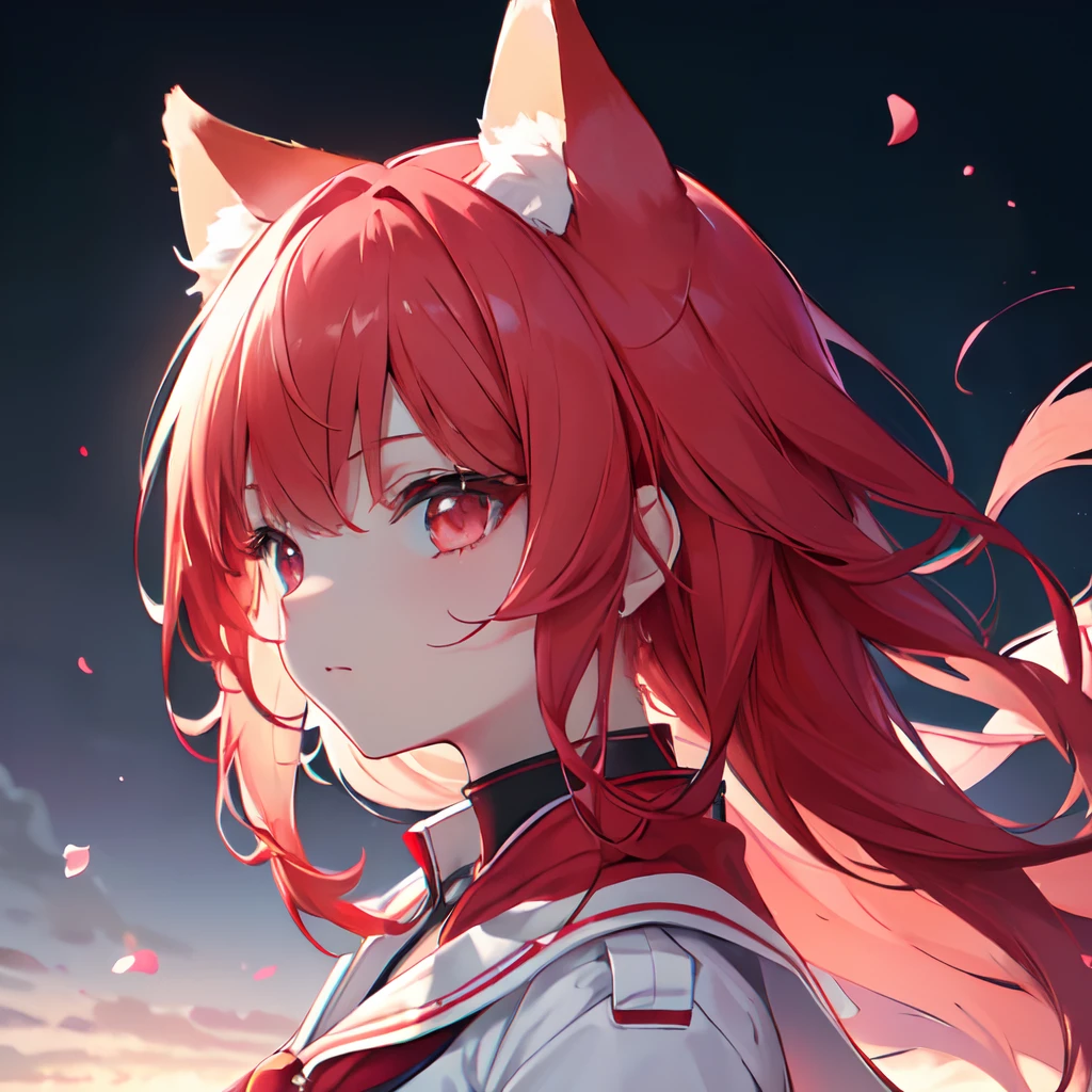 (masterpiece, best quality, bloom, warm soft light, modern, hi-tech, futuristic), from side, 1girl, (white background), red school uniform, beautiful detailed face, red hair, fox ears, (red ruby eyes), (short clothes), looking at another,