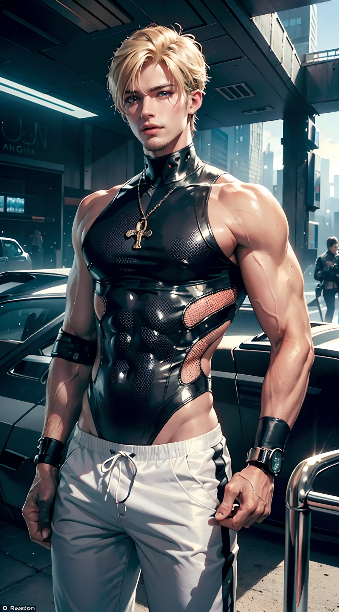 realistic, (masterpiece, top quality, best quality, official art, beautiful and aesthetic:1.2), extremely detailed,fractal art,colorful,highest detailed,zentangle, (1Character:1.3), Handsome man , blonde hair , ((have over one eye)) , gold eyes , tank skin, muscular body ,age 36, White sheer fabrics , a blue lose fitting beach pants  , lose fitting tank top , techwear, high fashion , city wear ,   ,((futuristic city background:1.4))