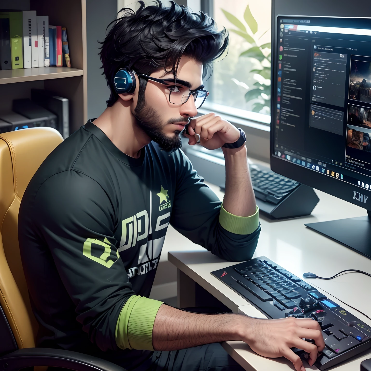 beautiful 19 year old Pakistani Gamer boy with Eye glasses, Short Beard,looking at camera,perfect hands,gamer computer, headset, profile picture, playing PC Games,live stream,sexy shot, UHD, best quality, highres, high details, 8k