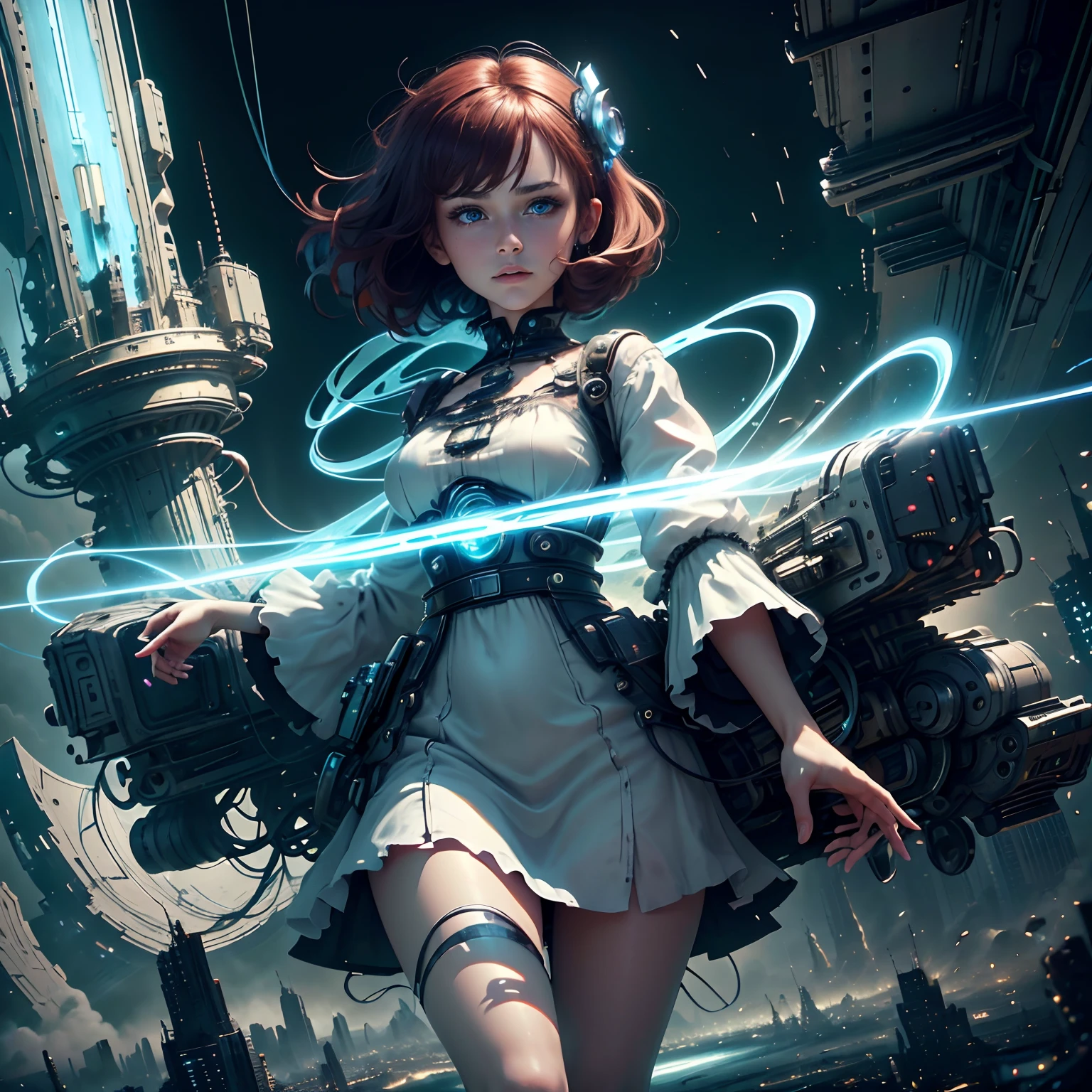 high quality, masterpiece, exquisite, 8k, ultra detailed, Digital art, realistic, photo realistic, look at the front, ultra realistic, a 20 years old girl, peaceful face, big eyes, long eye lashes, wearing a white dress, black shoes,(deep blue eyes),(red hair),(short hair),flat chest, narrow waist, skinny legs, (futuristic city), (destroyed city), (neon glow),floating many debris