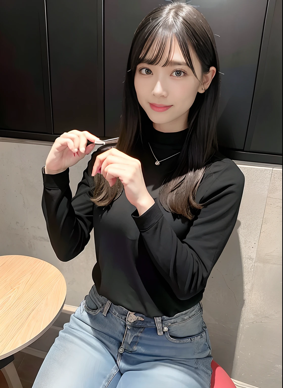 Black Jersey,jeans,The table,sit a chair,My hair is wet from the rain,My clothes are wet from the rain.Body line weight approx........... 55 km,160 cm tall,Twin-tailed,Suppin,no-makeup,Red Nails,