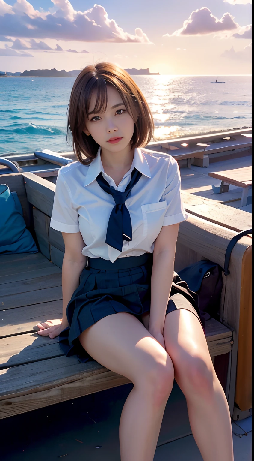 Best Quality, masutepiece, Cielve 2, ,Sitting,showing   panties, hi-school girl, beautiful a girl, High School Uniform, White blouses, pleatedskirt, a pixie cut, beautiful eyes of light brown, Beach at night, posing for photo, look at a camera, Shooting from below, Moonlight,