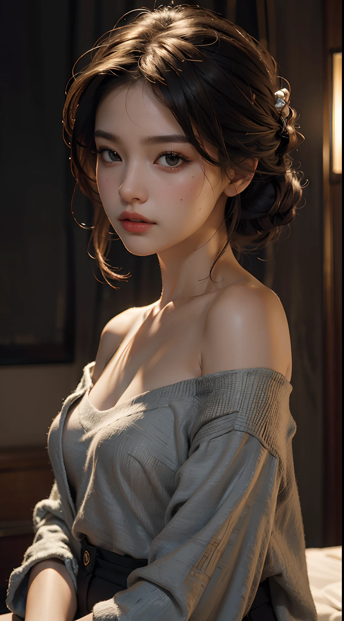 Best quality, masterpiece, ultra high res, (photorealistic:1.4), raw photo, 1girl, off shoulder, cinematic lighting
