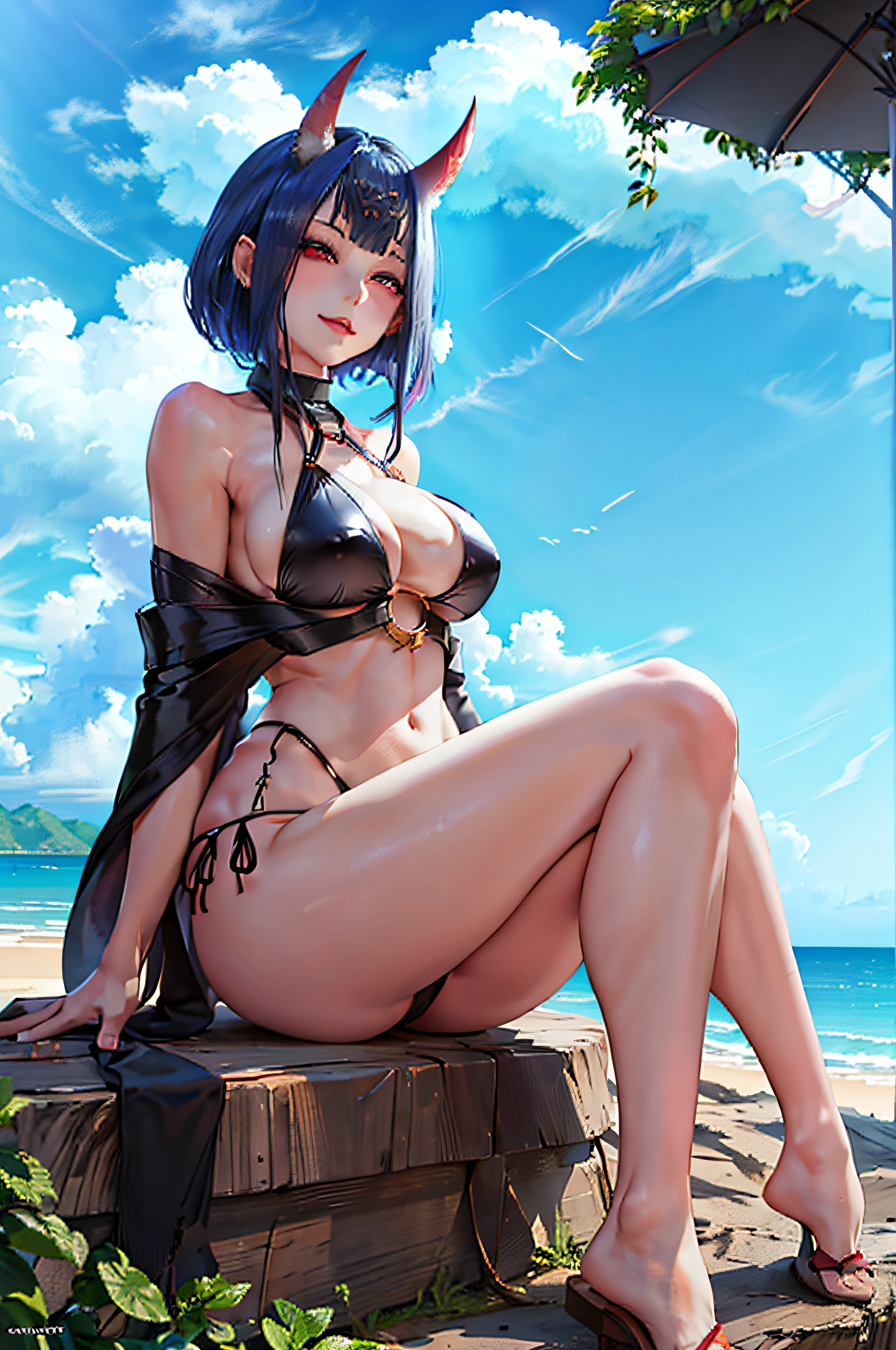 shuten douji, sitting on the beach, best quality, angle of view from the top, bikini, showing tongue, medium size breasts, Beautiful sky, beautiful feet