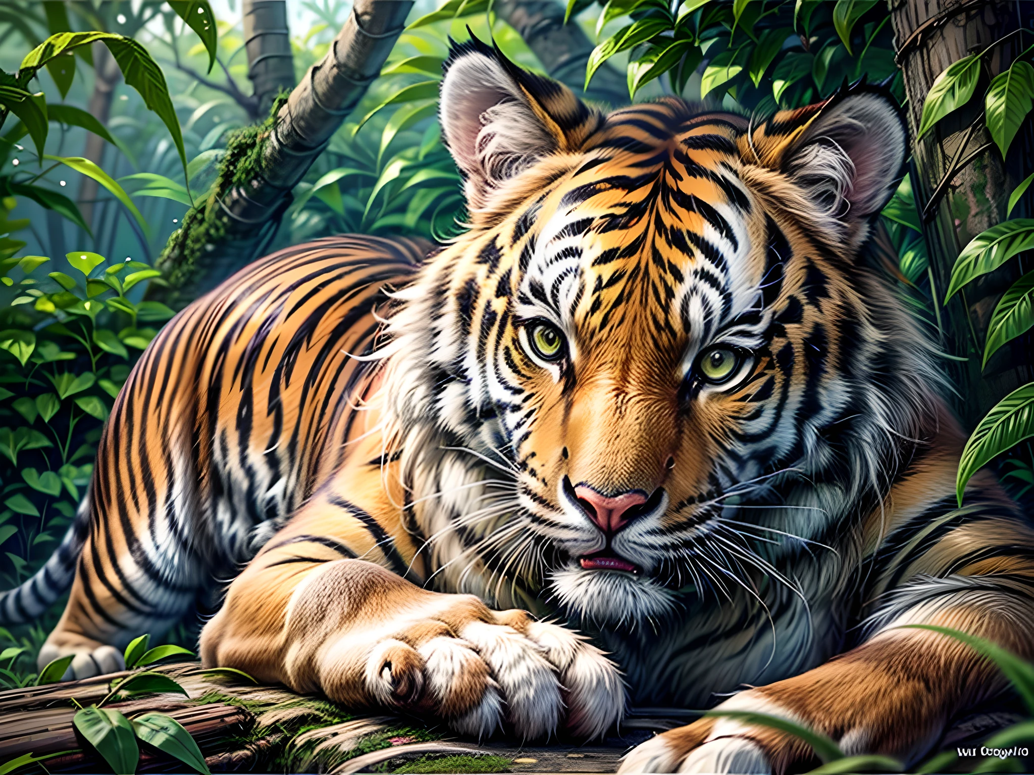 a close up picture of a tiger resting and roaring while sitting in the branches of a tree in the jungle, a close up view on a (tiger: 1.5), feline eyes, bright fur, shining fur, roaring, lying on a tree branch in the jungle, jungle trees background, best quality, 16k, ultra detailed, masterpiece, best quality, (ultra detailed), full body, ultra wide shot, photorealistic,