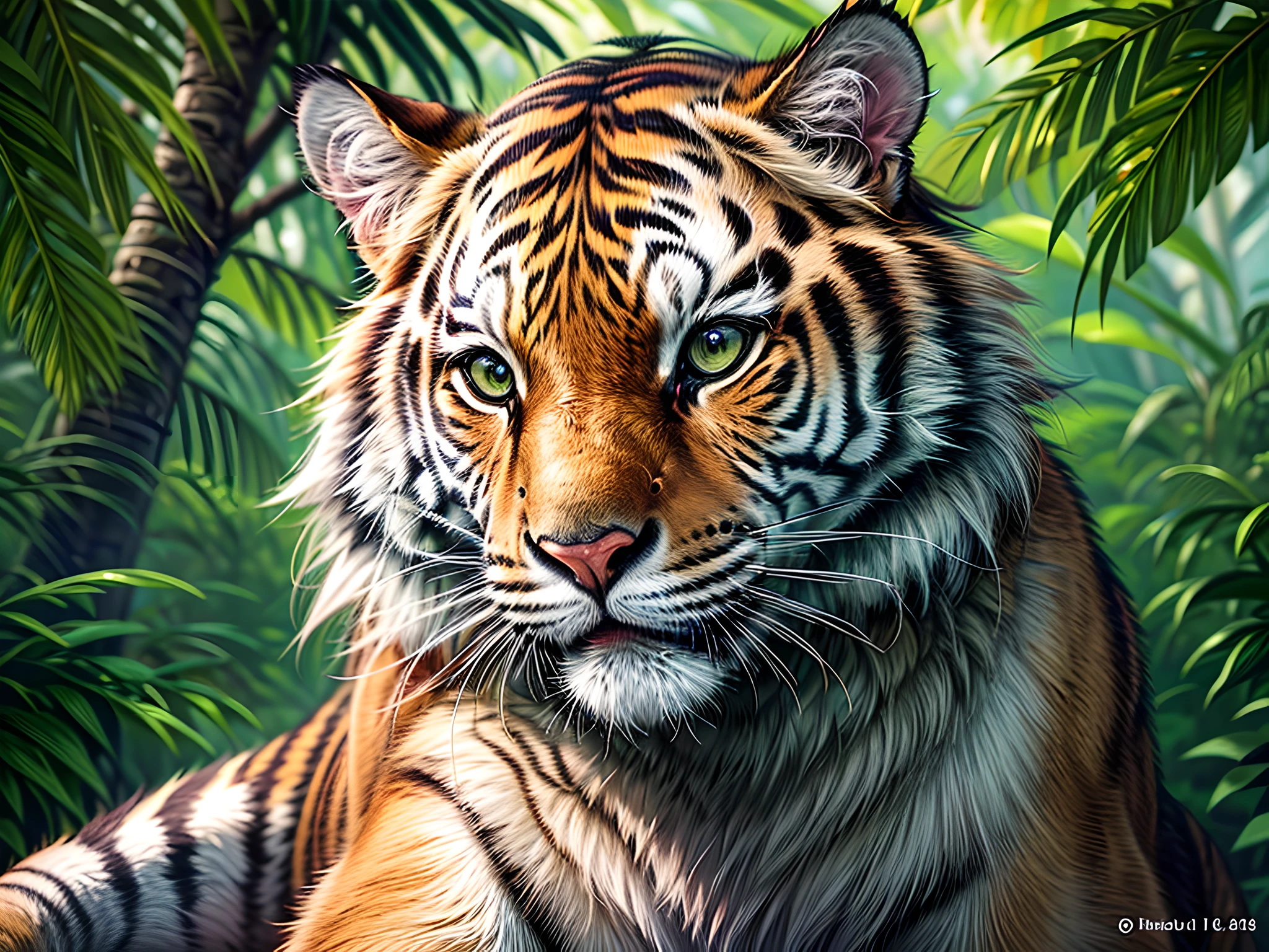 a close up picture of a tiger resting and roaring while sitting in the branches of a tree in the jungle, a close up view on a (tiger: 1.5), feline eyes, bright fur, shining fur, roaring, lying on a tree branch in the jungle, jungle trees background, best quality, 16k, ultra detailed, masterpiece, best quality, (ultra detailed), full body, ultra wide shot, photorealistic,