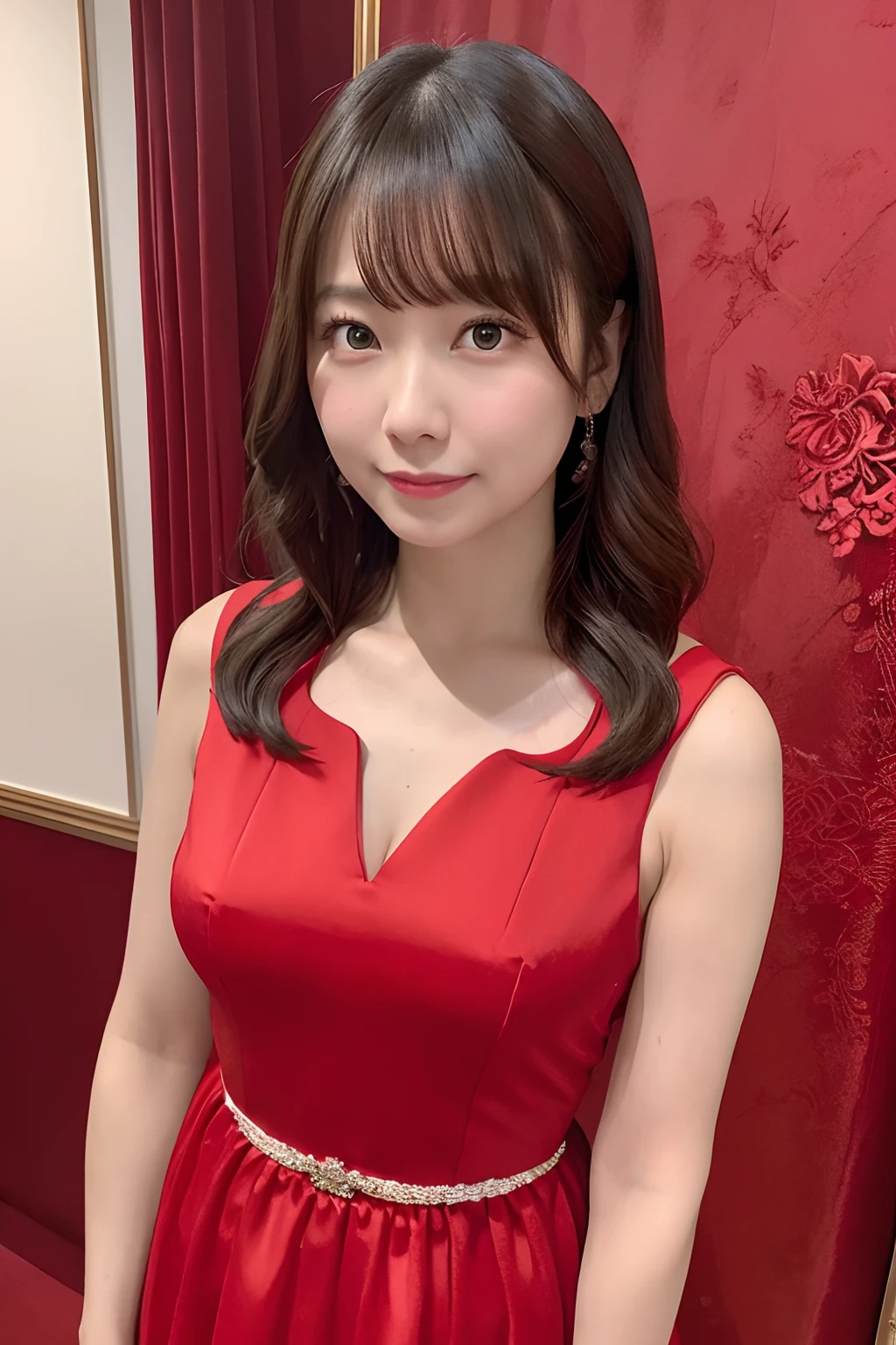 Woman in red Dress、The background is a gorgeous red wallpaper、[photos realistic]!!,Candid flash photography、magnifica、Masa Nakayama、flash photo、Sui Ishida、Do not copy hands、adult lady、high-class sense、There are a lot of decorations、Western style dress