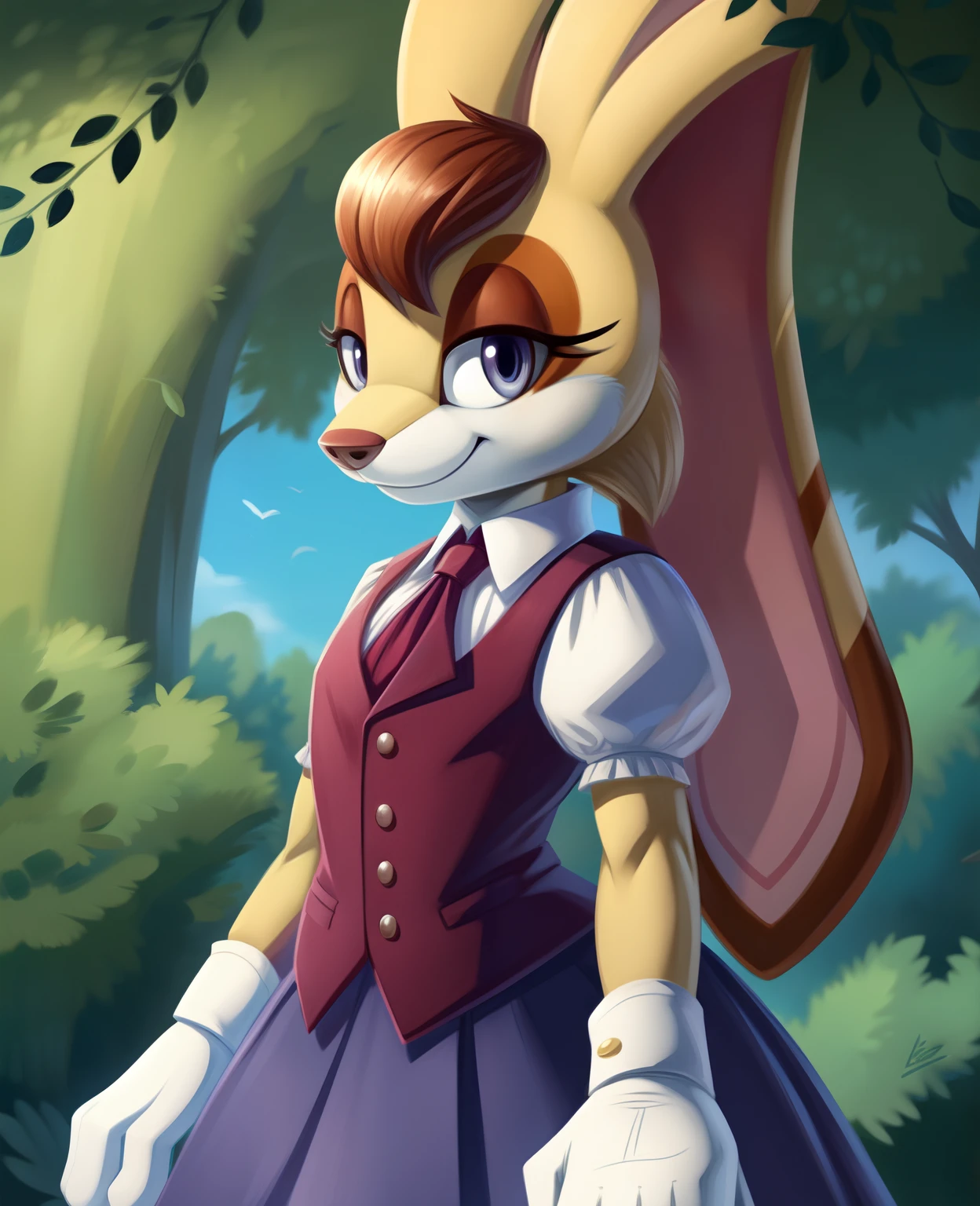 best quality, masterpiece, solo, 1girl, vanillatherabbit, (animal nose), puffy sleeves, skirt, vest, gloves, looking at viewer,