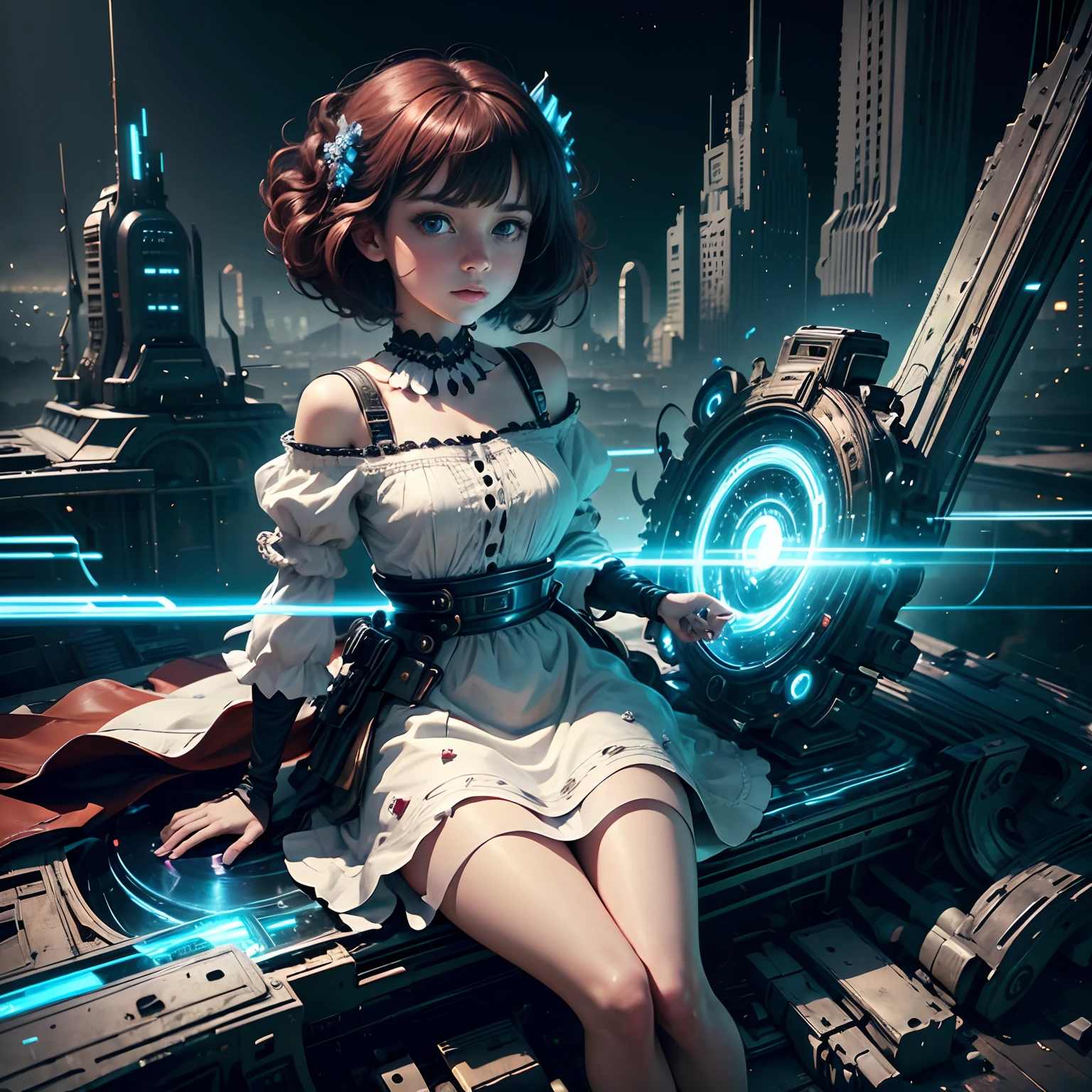 high quality, masterpiece, exquisite, 8k, highly detailed, Digital art, realistic,
photo realistic, look at viewer, ultra realistic, a 20 years old girl,peaceful face,big eyes,long eyelashes,wearing a white dress,black shoes,(deep blue eyes),(red hair),(short hair),flat chest, (futureristic city), (destroyed city), neon glow,floating many debris