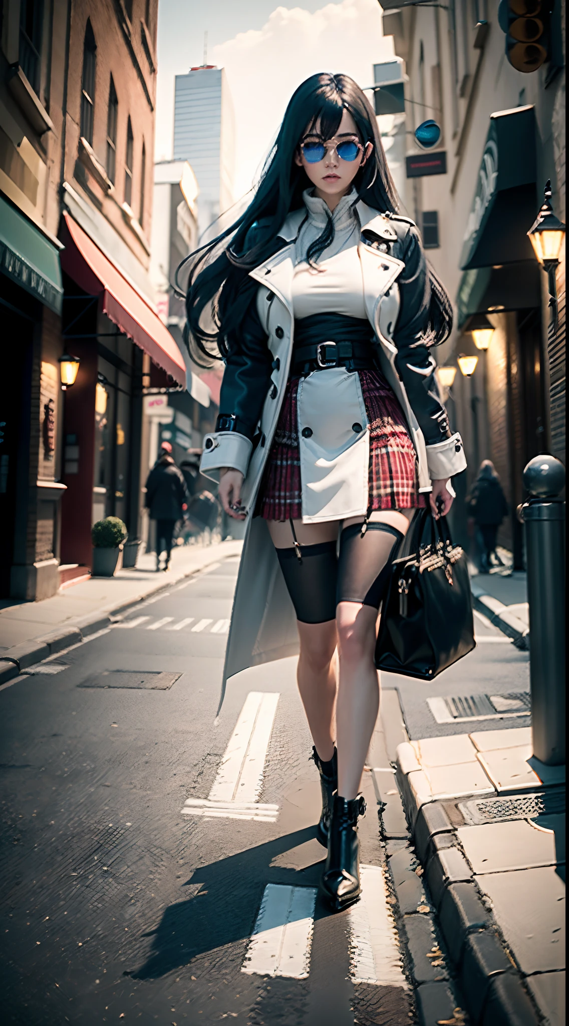 (Best quality,4K,8K,A high resolution,Masterpiece:1.2),Ultra-detailed,(Realistic,Photorealistic,photo-realistic:1.37),Long-range shooting,Blue-haired woman,Hair falls on the left shoulder,Wears a white trench coat lined in red, blackminiskirt,Patterned stockings,High heels,Walking on the street,Portrait,conceptual art,Blurred background,Soft lighting,Vivid tones